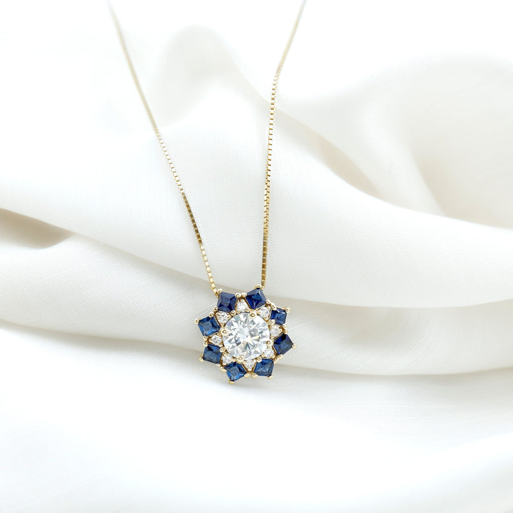 Lab Grown Diamond Art Deco Necklace With Blue Sapphire