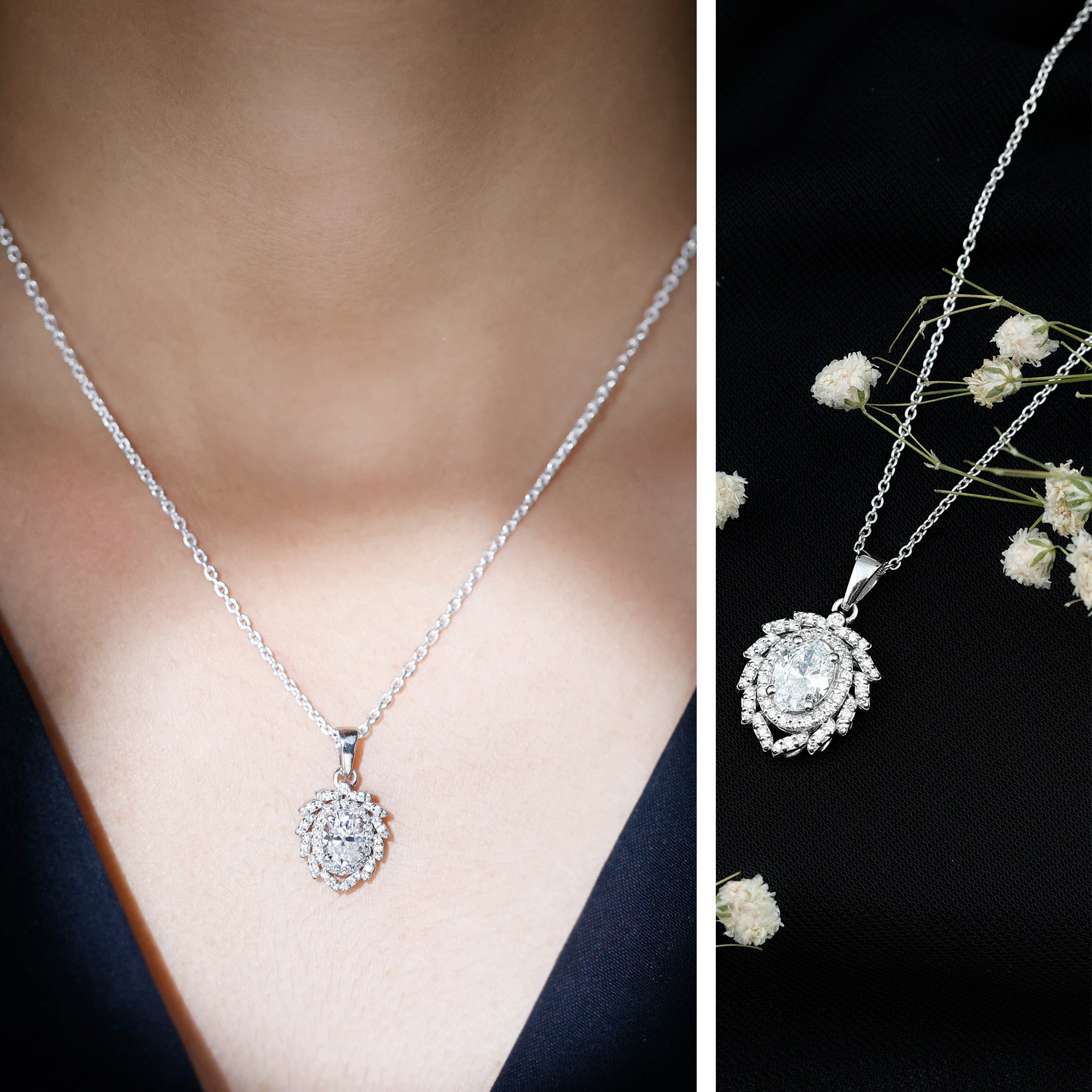 6X8 MM Oval Lab Grown Diamond Vintage Necklace With Double Halo
