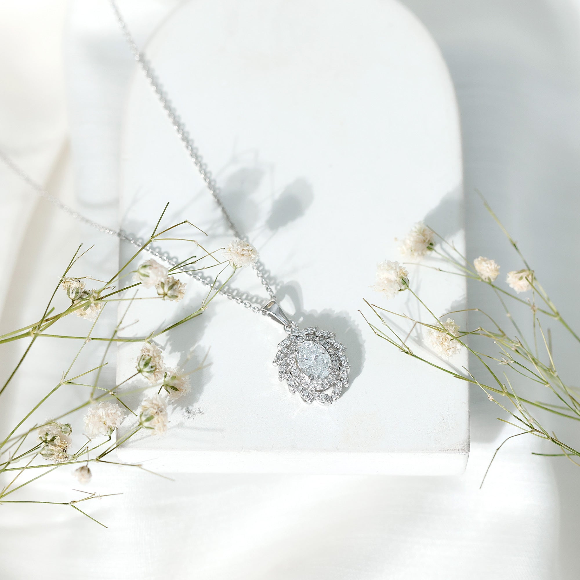 6X8 MM Oval Lab Grown Diamond Vintage Necklace With Double Halo