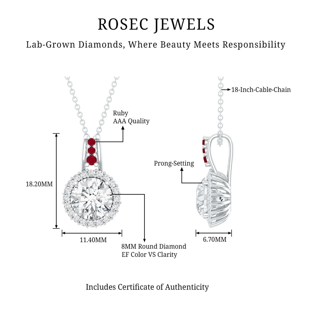 Certified MM Lab Grown Diamond Halo Necklace With Ruby Accent Bail