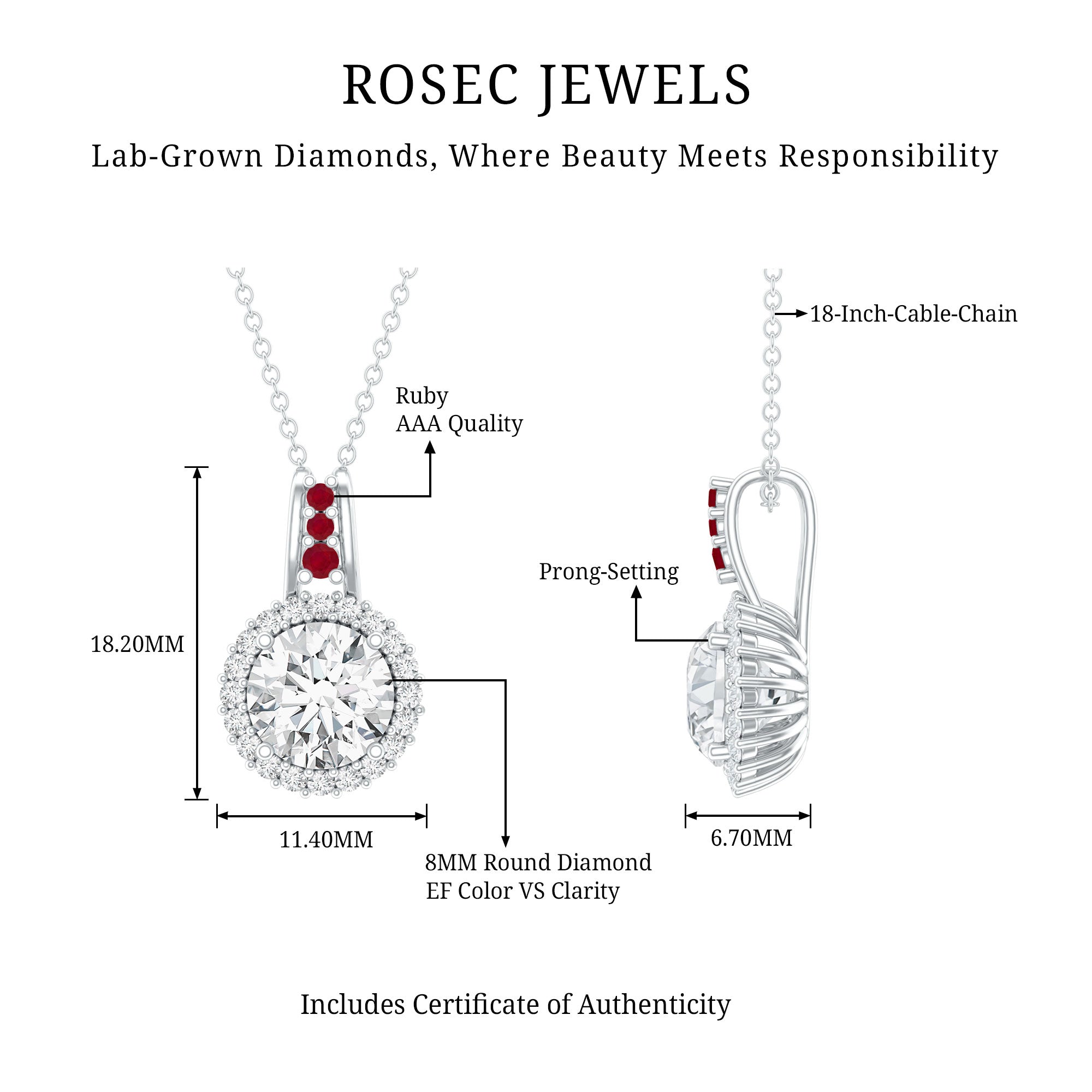 Certified MM Lab Grown Diamond Halo Necklace With Ruby Accent Bail