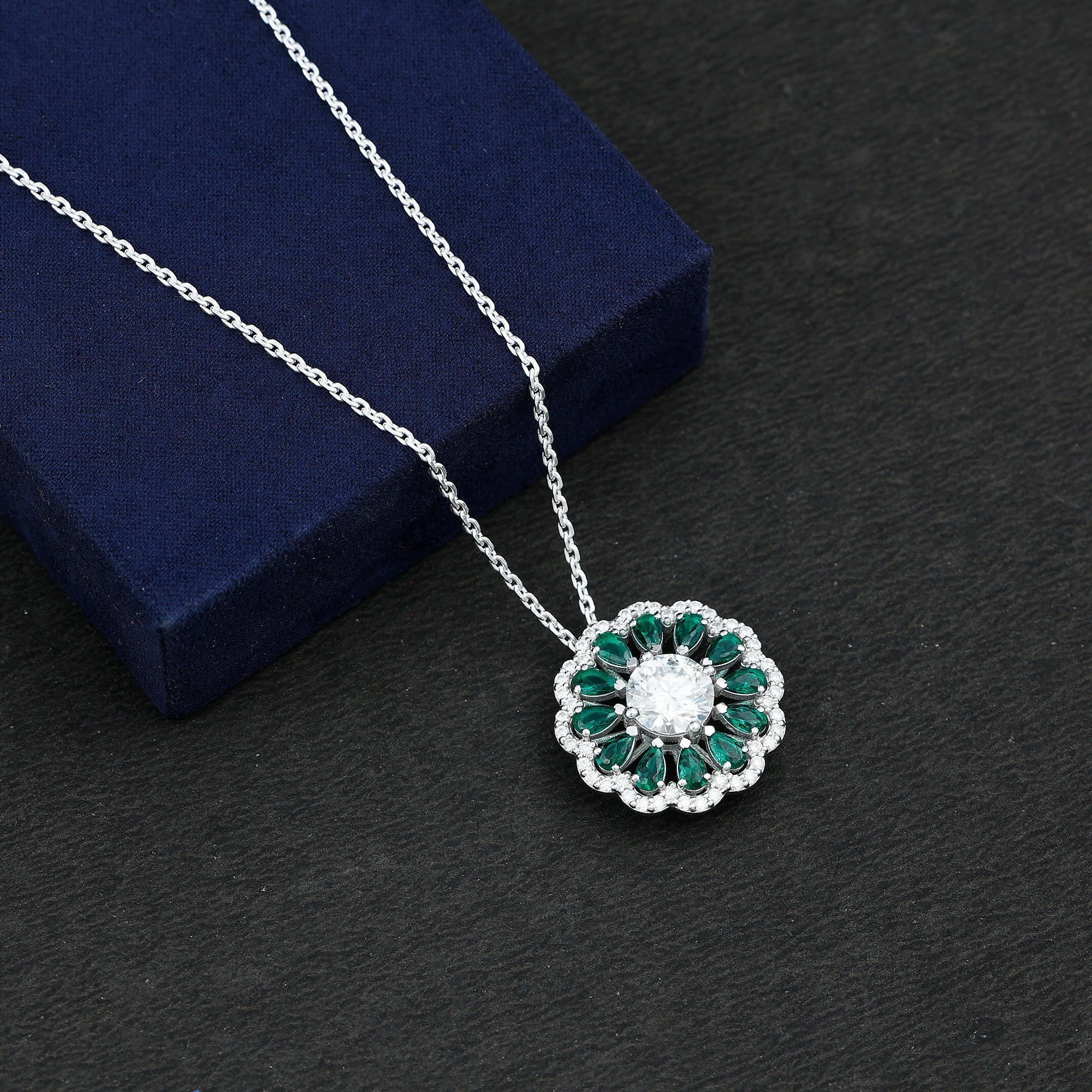 9 MM Lab Grown Diamond Flower Bridal Necklace With Emerald