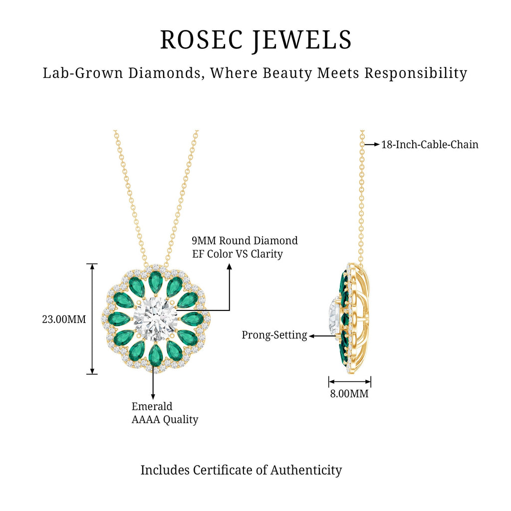 9 MM Lab Grown Diamond Flower Bridal Necklace With Emerald