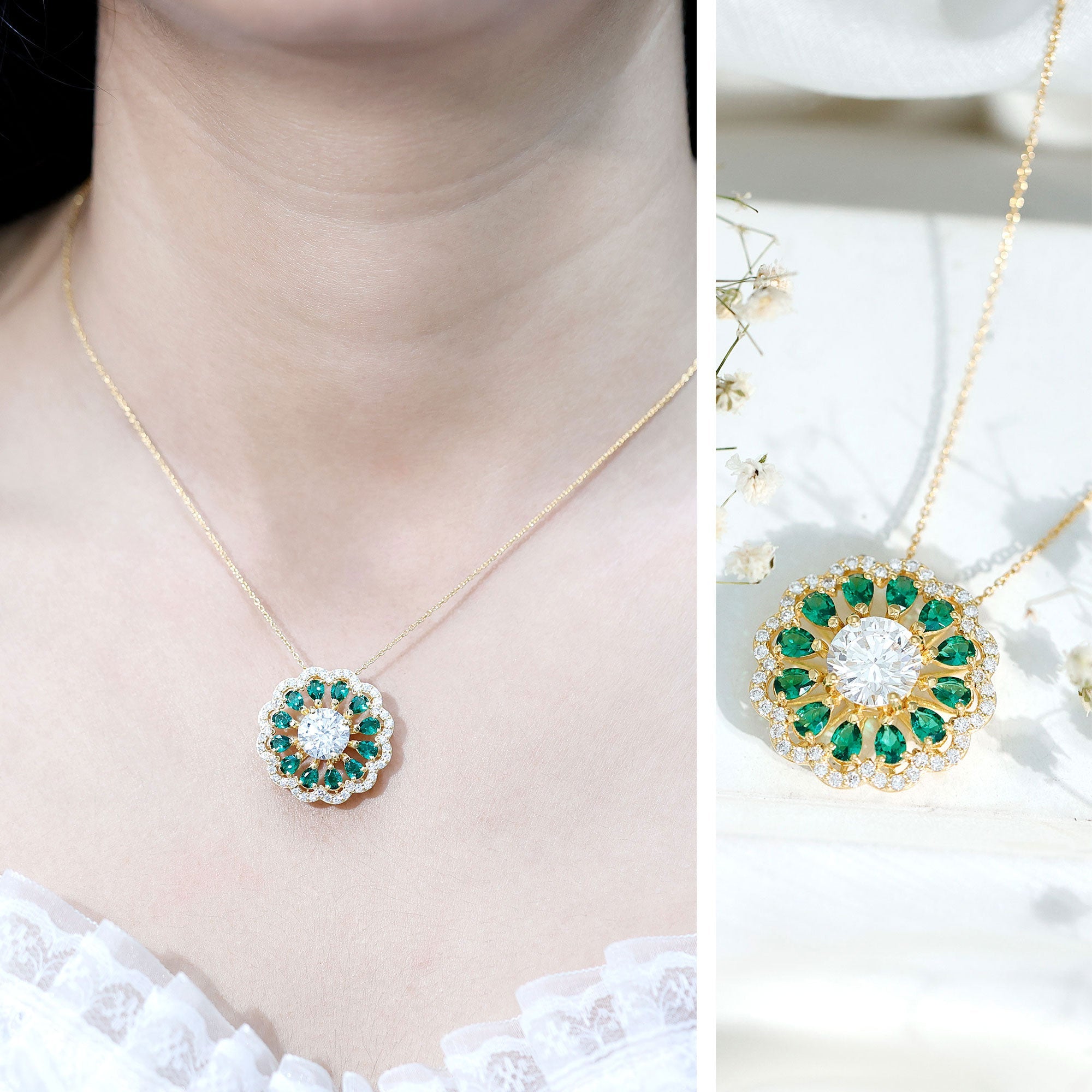 9 MM Lab Grown Diamond Flower Bridal Necklace With Emerald