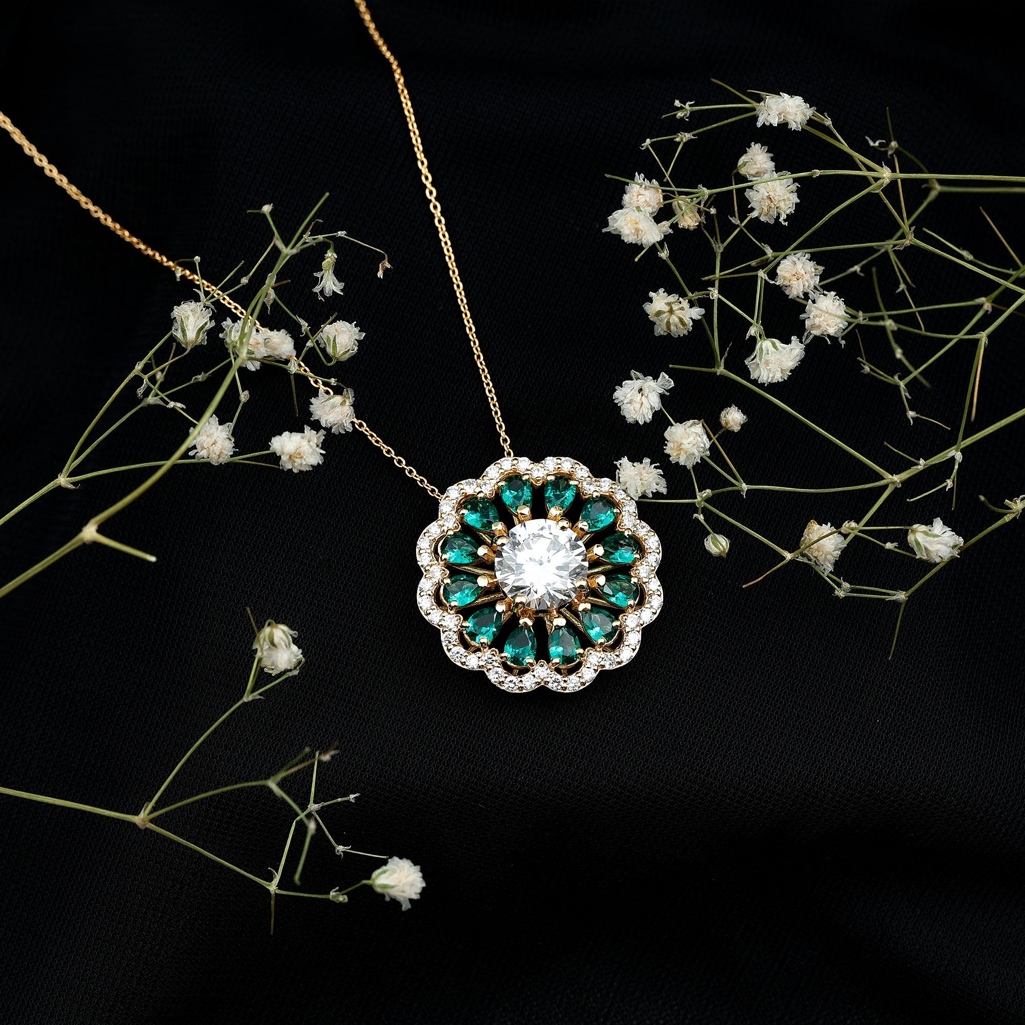 9 MM Lab Grown Diamond Flower Bridal Necklace With Emerald