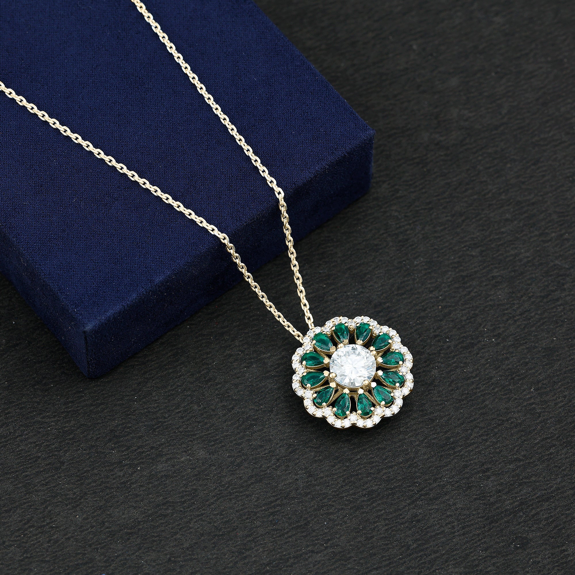 9 MM Lab Grown Diamond Flower Bridal Necklace With Emerald