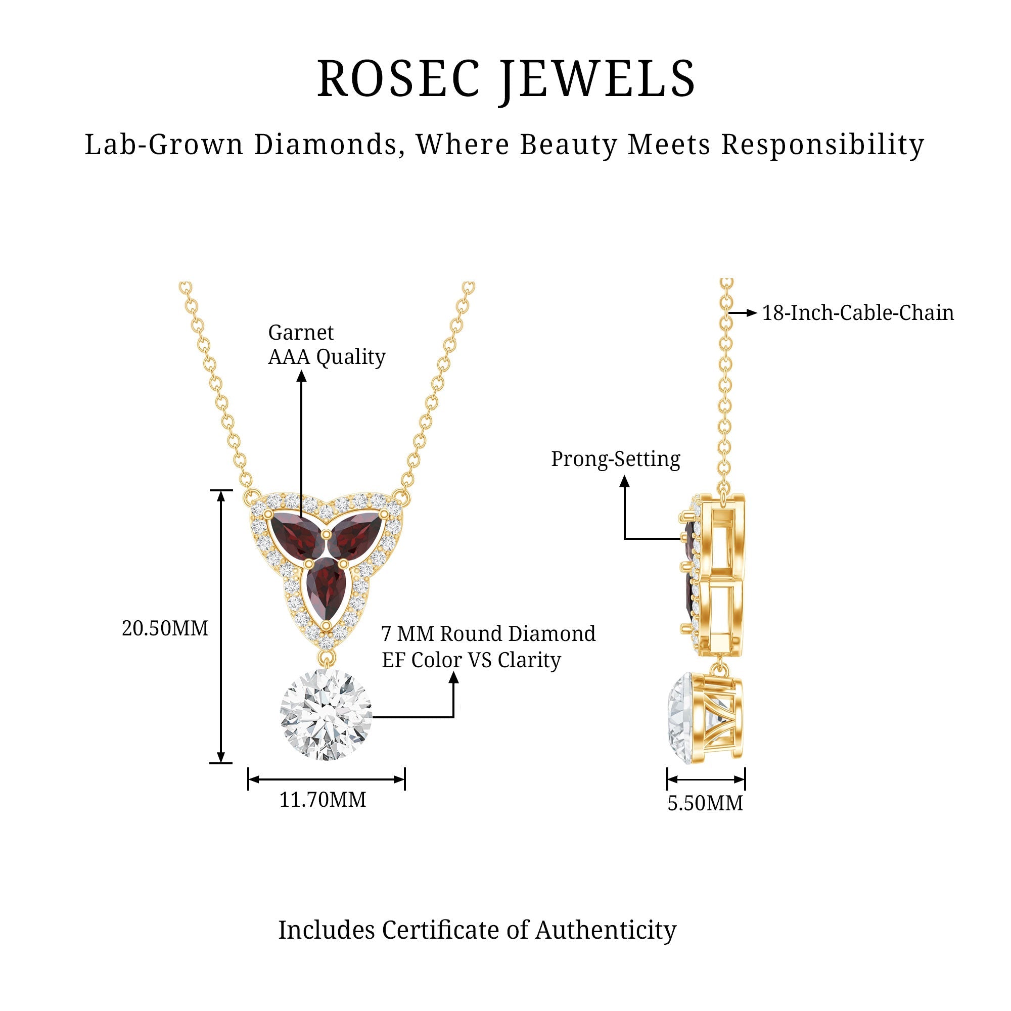 1 Carat Lab Grown Diamond Dangle Necklace With Garnet