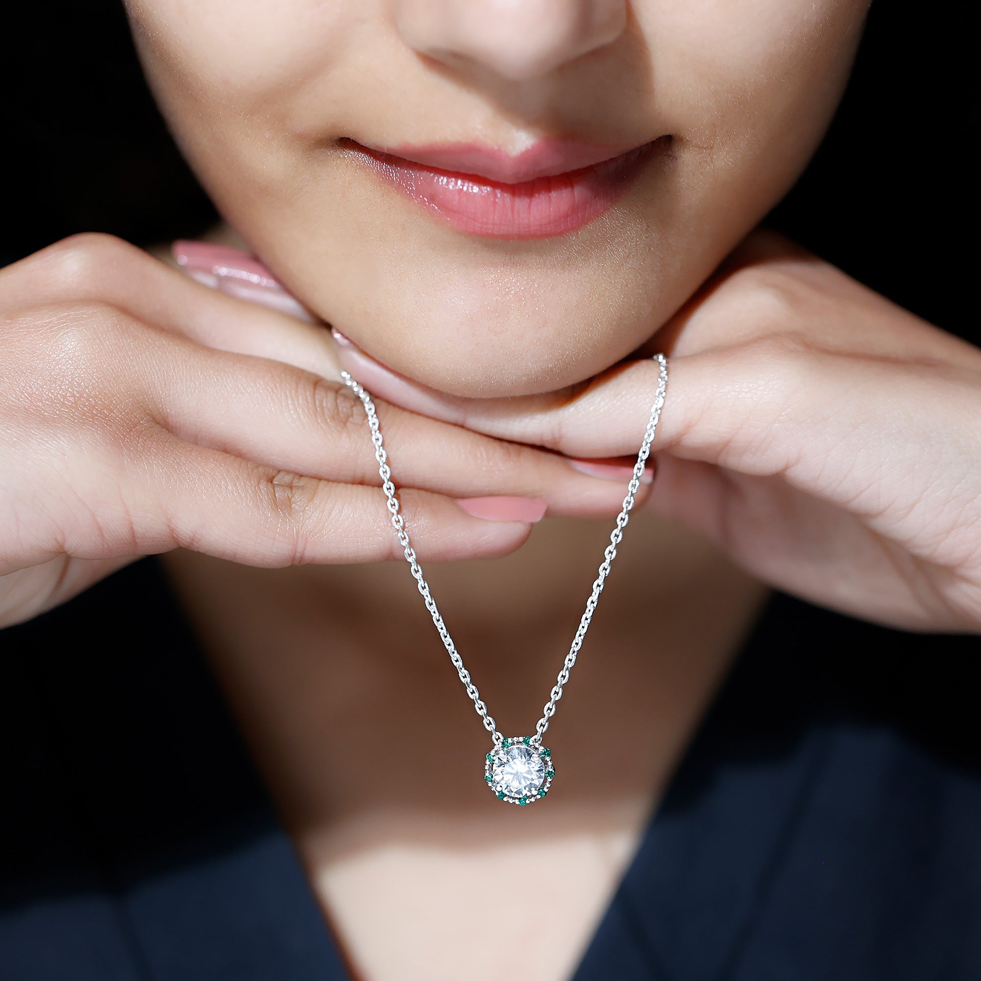 Certified Lab 8 MM Round Diamond Halo Necklace With Emerald