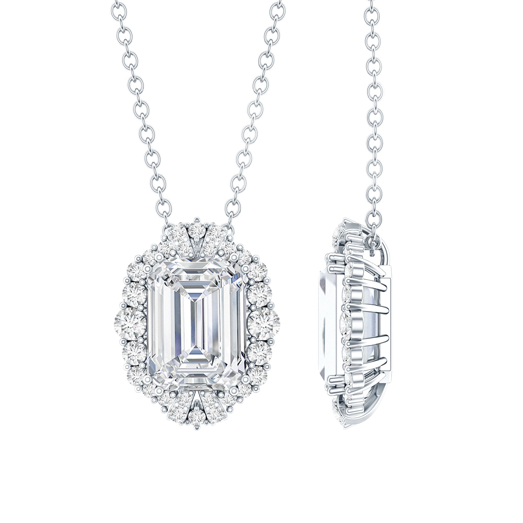 Certified 6X8 MM Emerald Cut Lab Grown Diamond Statement Necklace With Halo