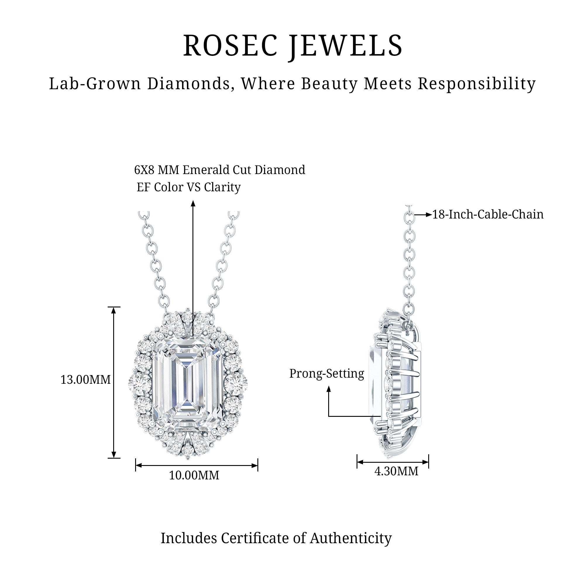 Certified 6X8 MM Emerald Cut Lab Grown Diamond Statement Necklace With Halo