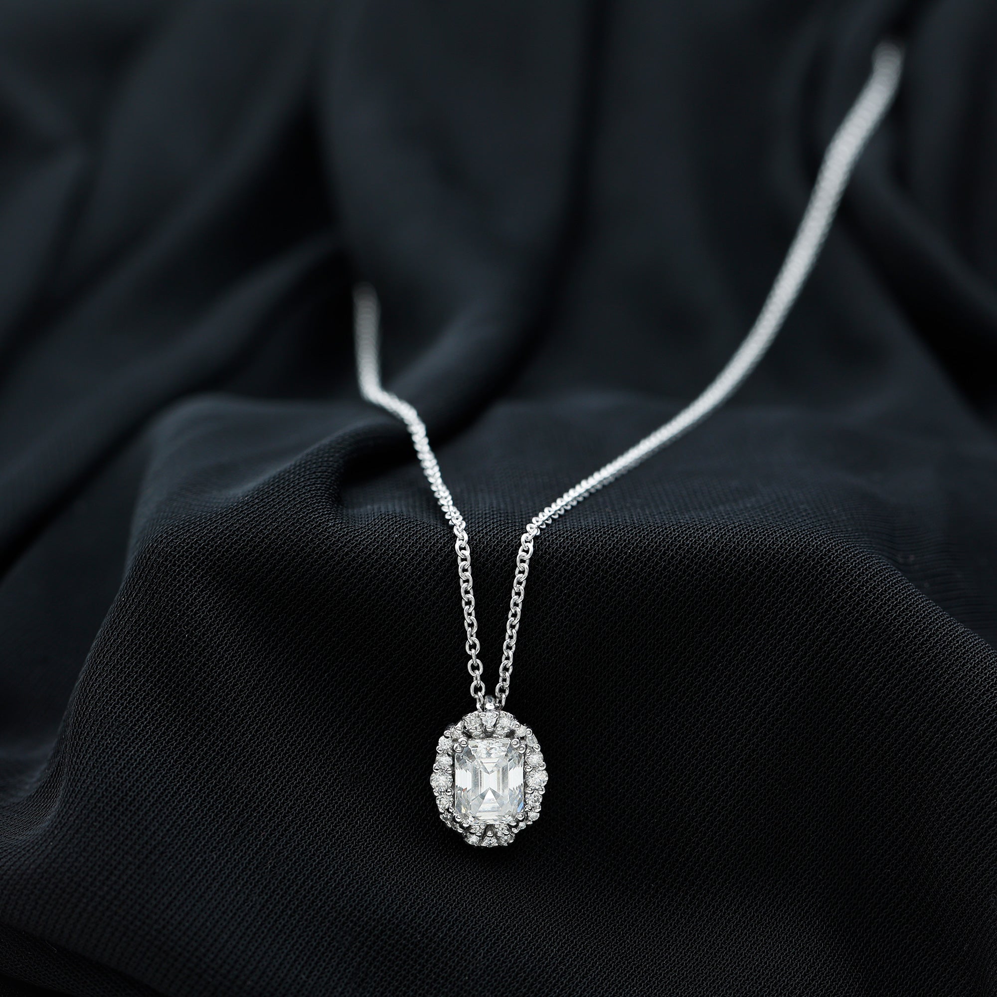 Certified 6X8 MM Emerald Cut Lab Grown Diamond Statement Necklace With Halo