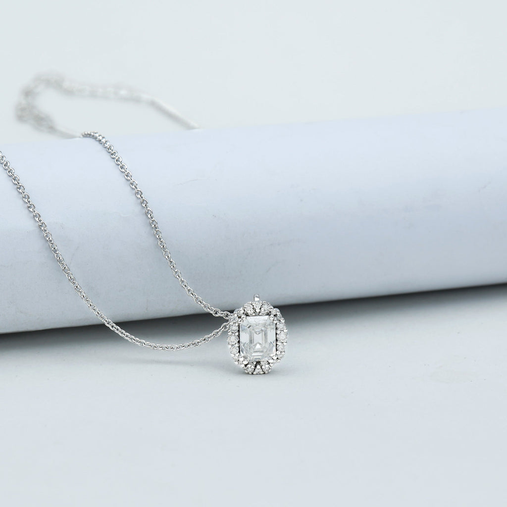 Certified 6X8 MM Emerald Cut Lab Grown Diamond Statement Necklace With Halo