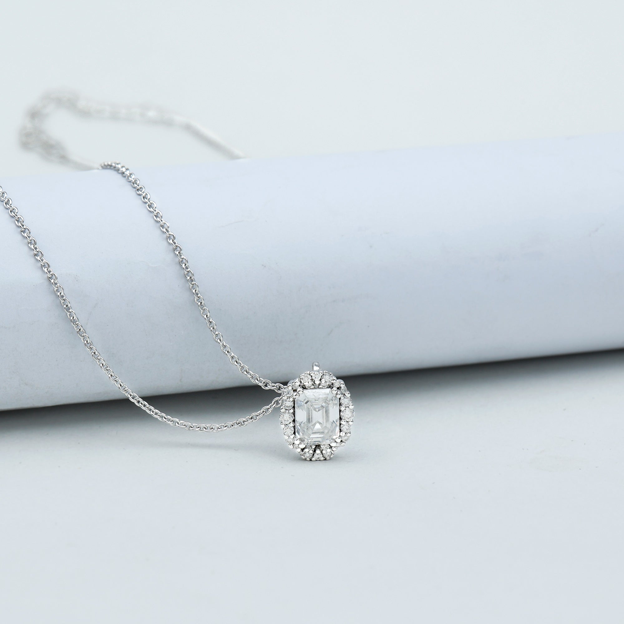 Certified 6X8 MM Emerald Cut Lab Grown Diamond Statement Necklace With Halo