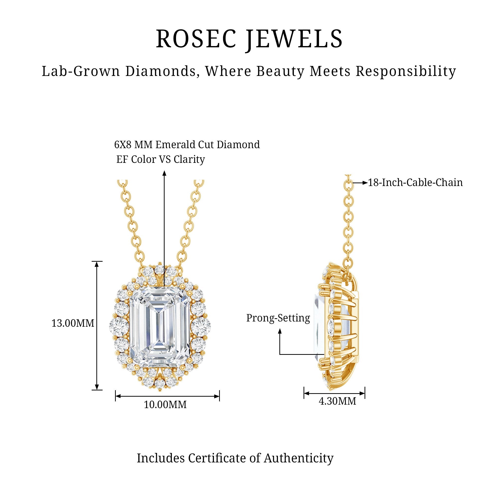 Certified 6X8 MM Emerald Cut Lab Grown Diamond Statement Necklace With Halo