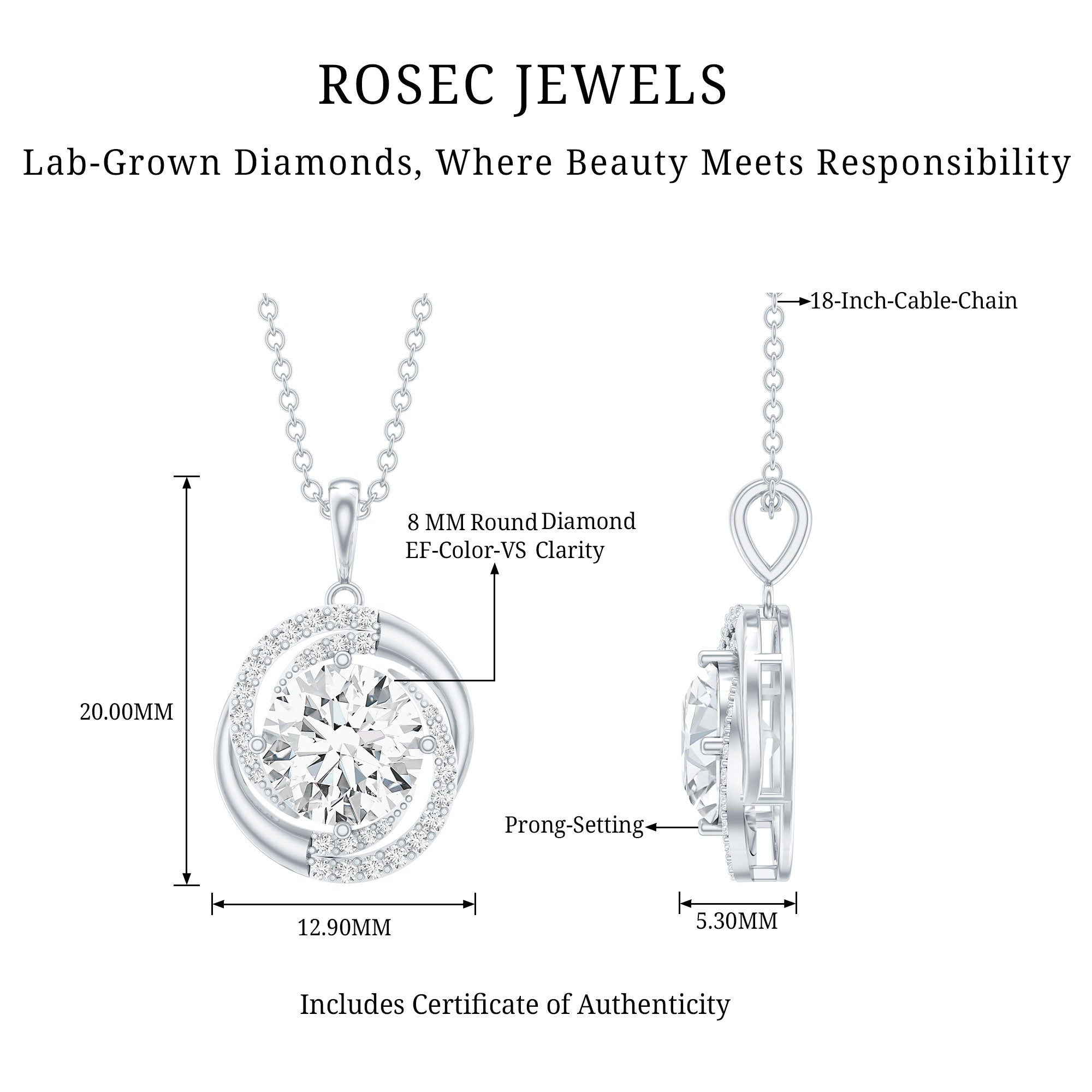 Prong Set 8 MM Round Lab Grown Diamond Swirl Pendant Necklace