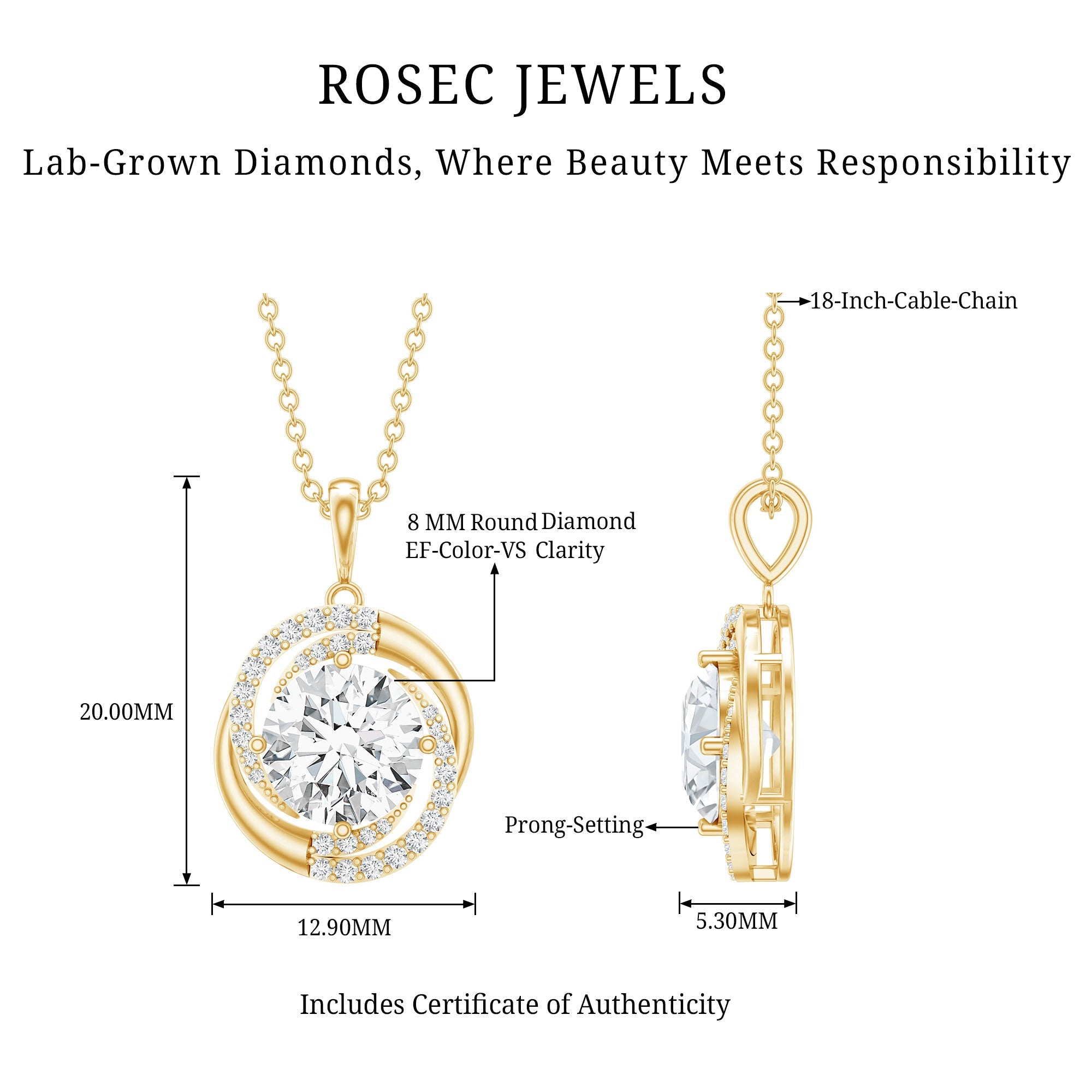 Prong Set 8 MM Round Lab Grown Diamond Swirl Pendant Necklace