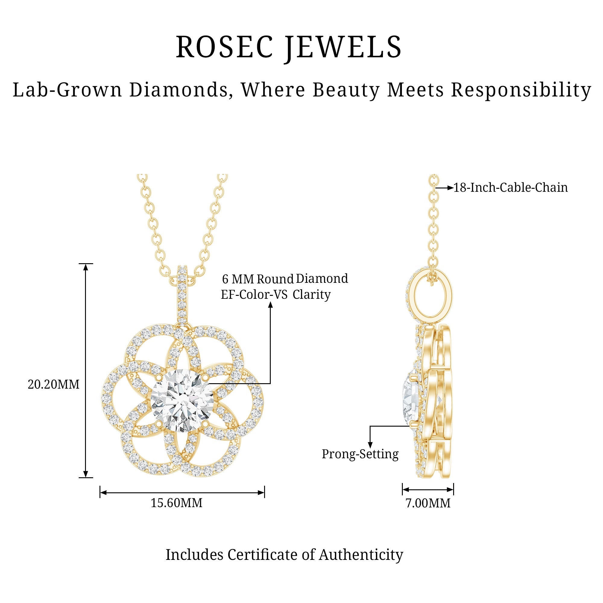Lab 6 MM Round Diamond Flower Bridal Necklace