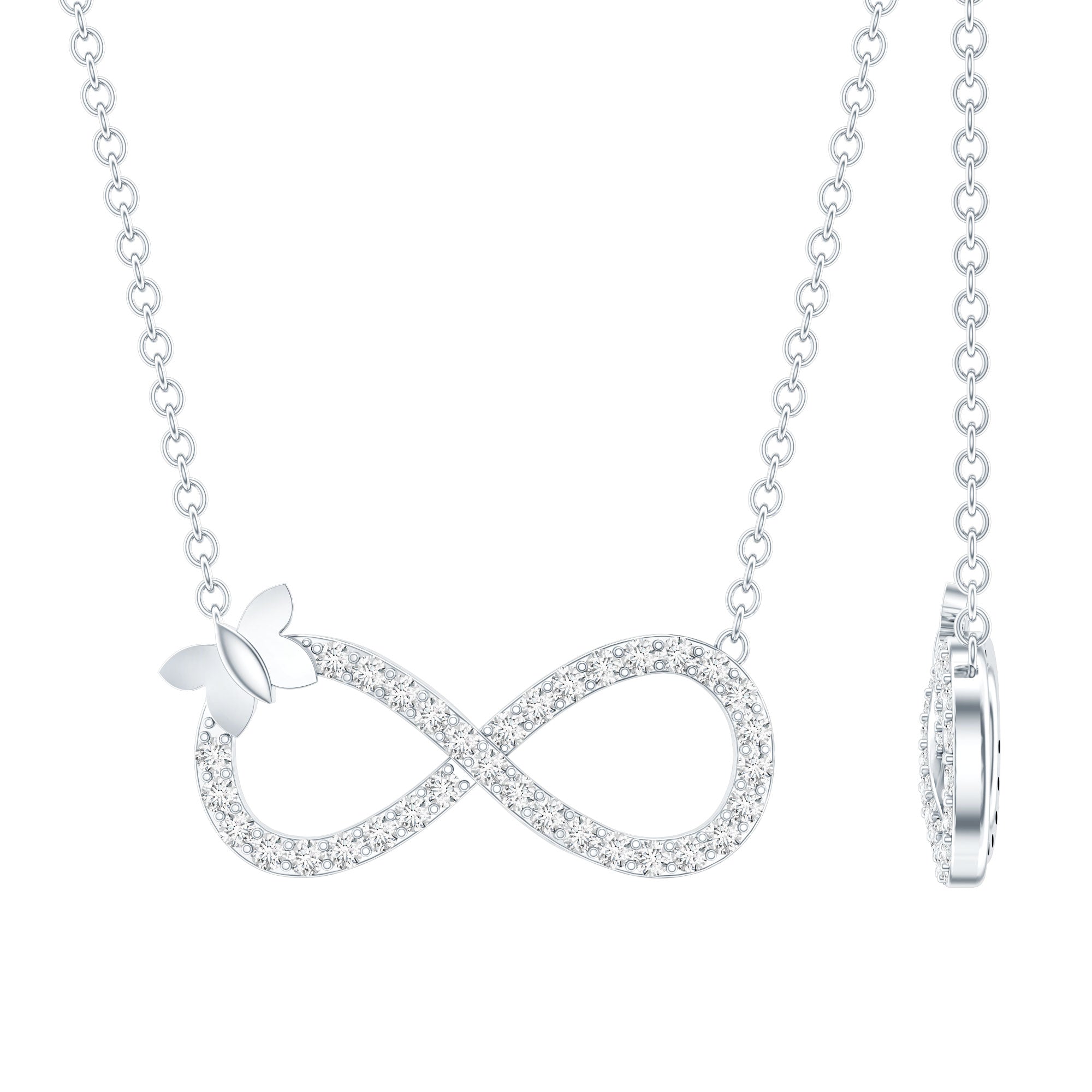 Lab Pave Set Diamond Sideways Infinity Butterfly Necklace