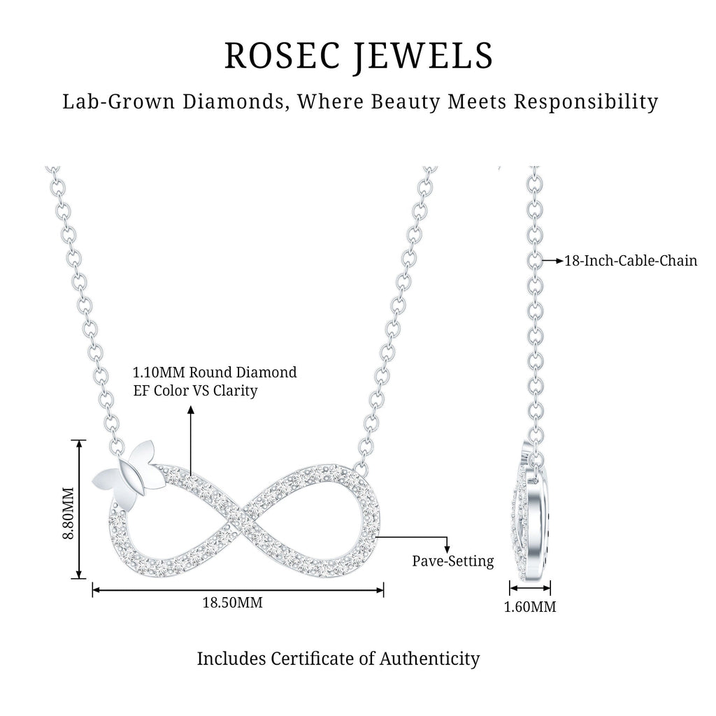Lab Pave Set Diamond Sideways Infinity Butterfly Necklace