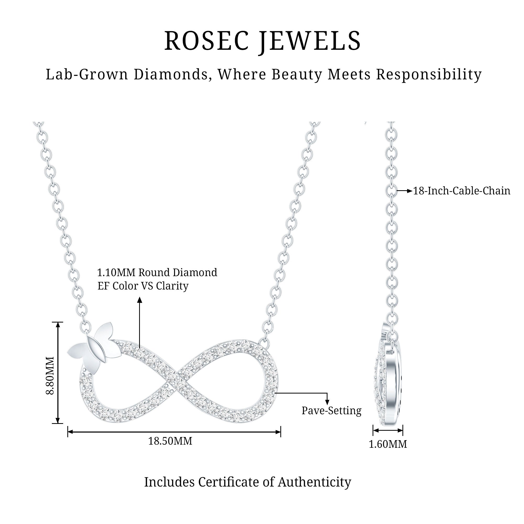 Lab Pave Set Diamond Sideways Infinity Butterfly Necklace