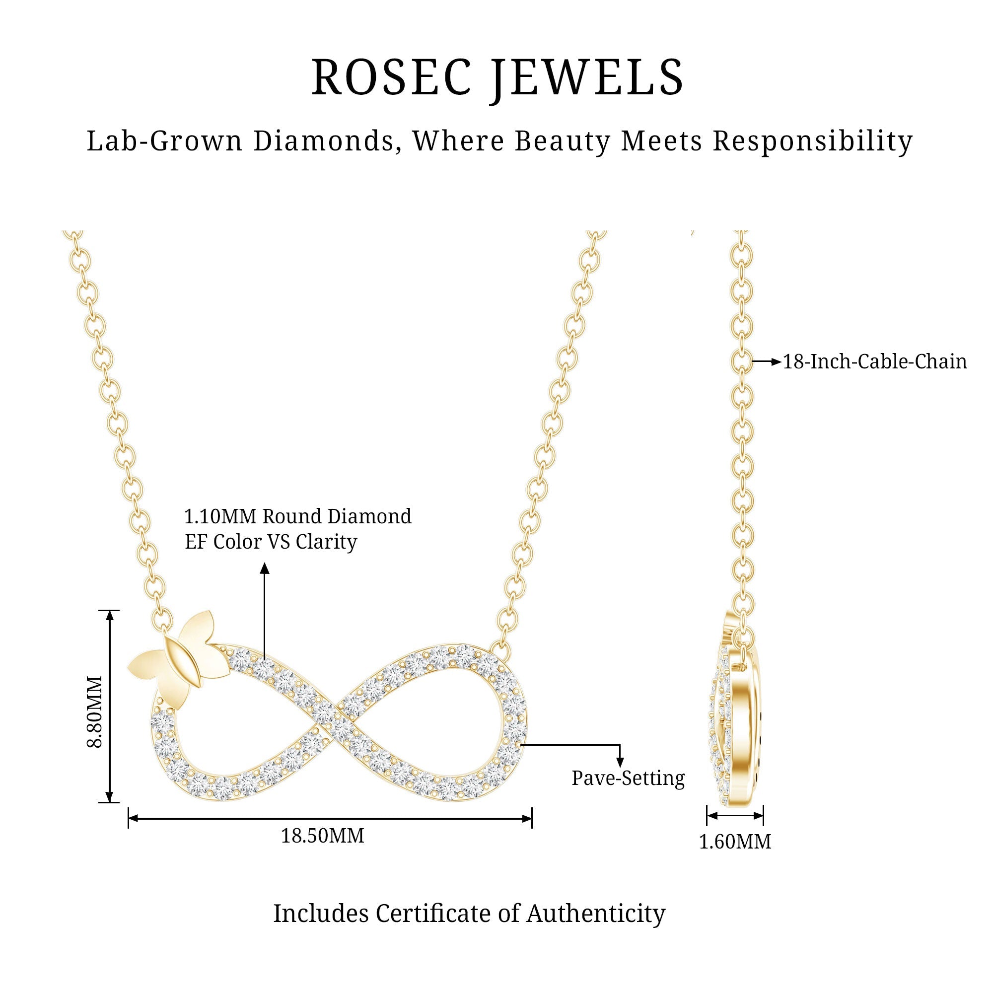 Lab Pave Set Diamond Sideways Infinity Butterfly Necklace