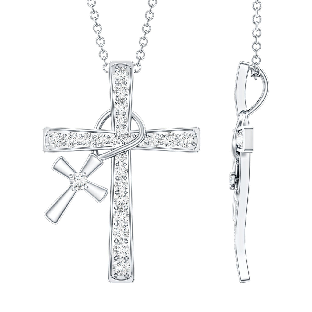 Pave Set Lab Grown Diamond Double Cross Charm Necklace