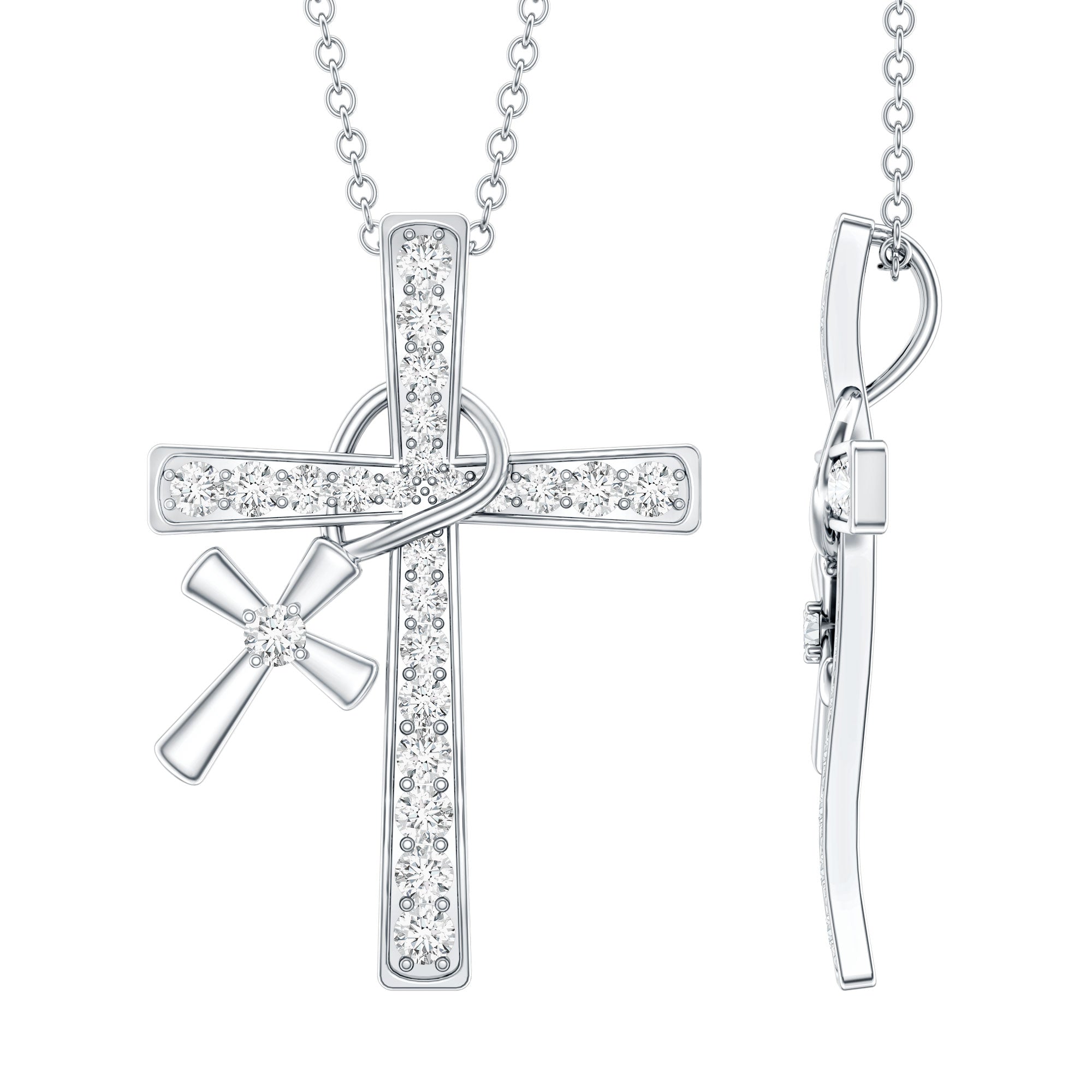 Pave Set Lab Grown Diamond Double Cross Charm Necklace