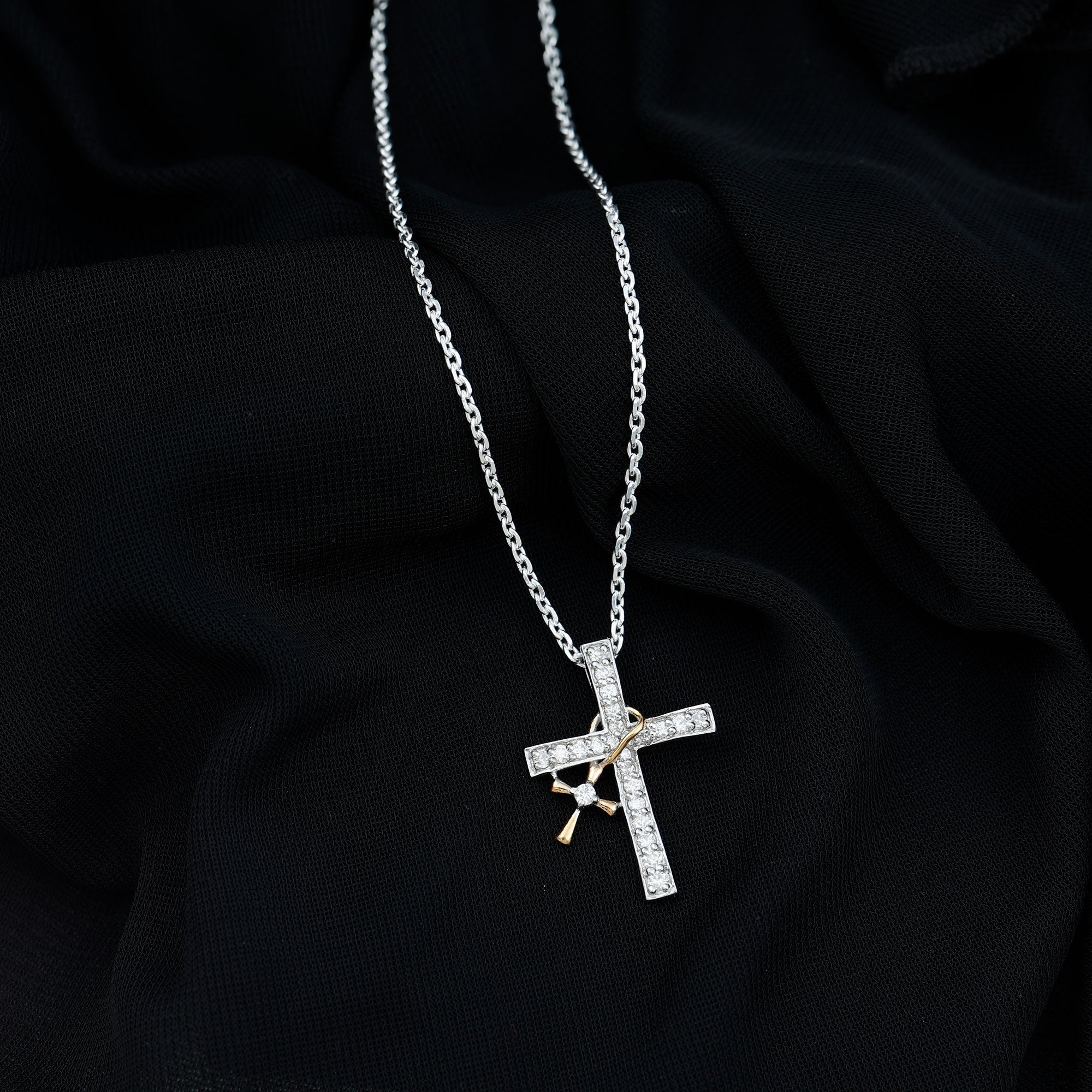 Pave Set Lab Grown Diamond Double Cross Charm Necklace