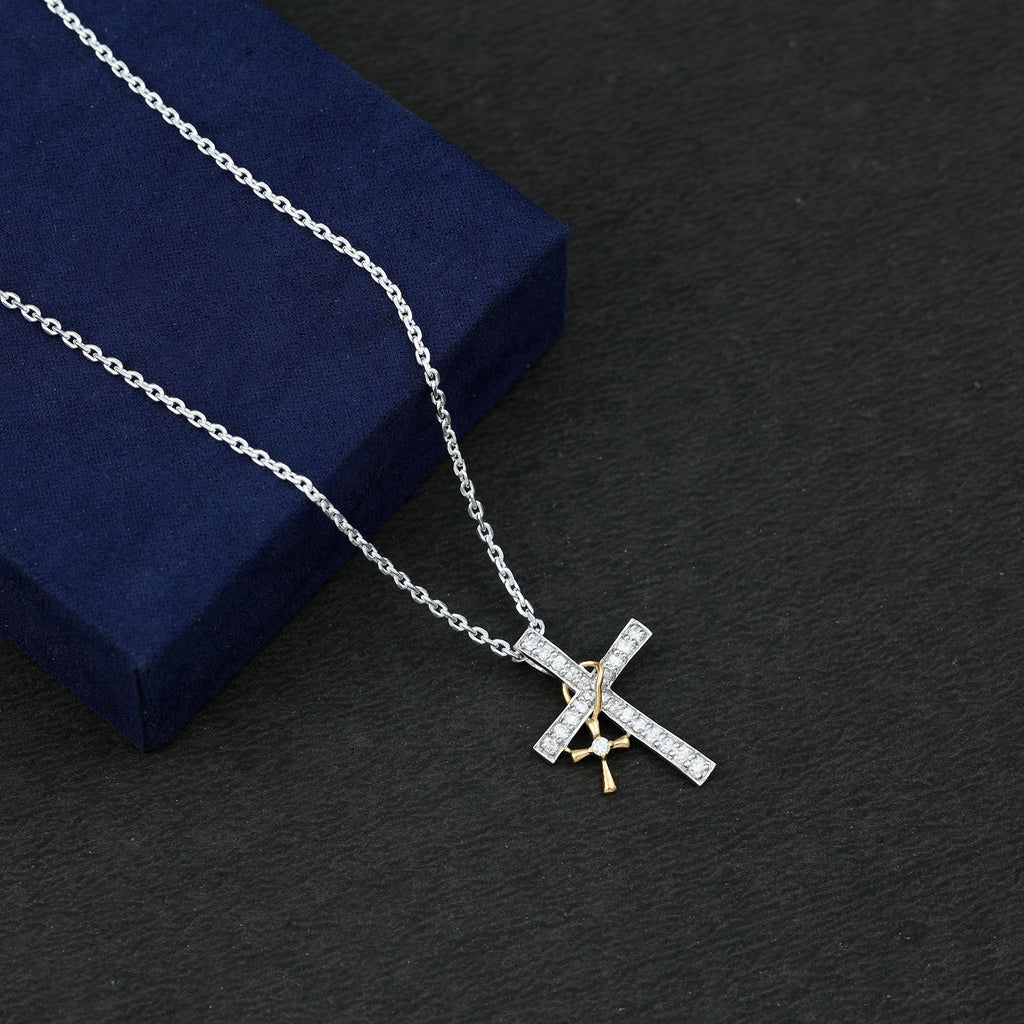 Pave Set Lab Grown Diamond Double Cross Charm Necklace