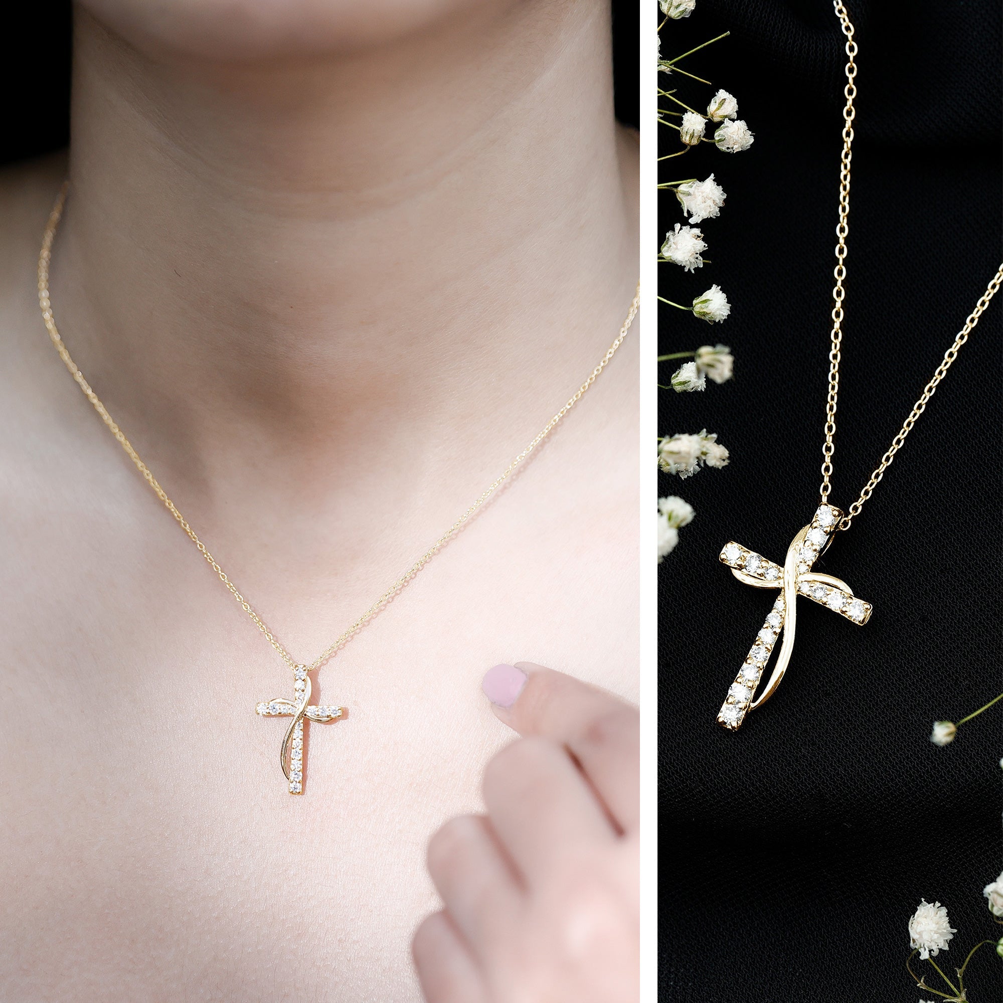 Pave Set Lab Grown Diamond Double Cross Necklace