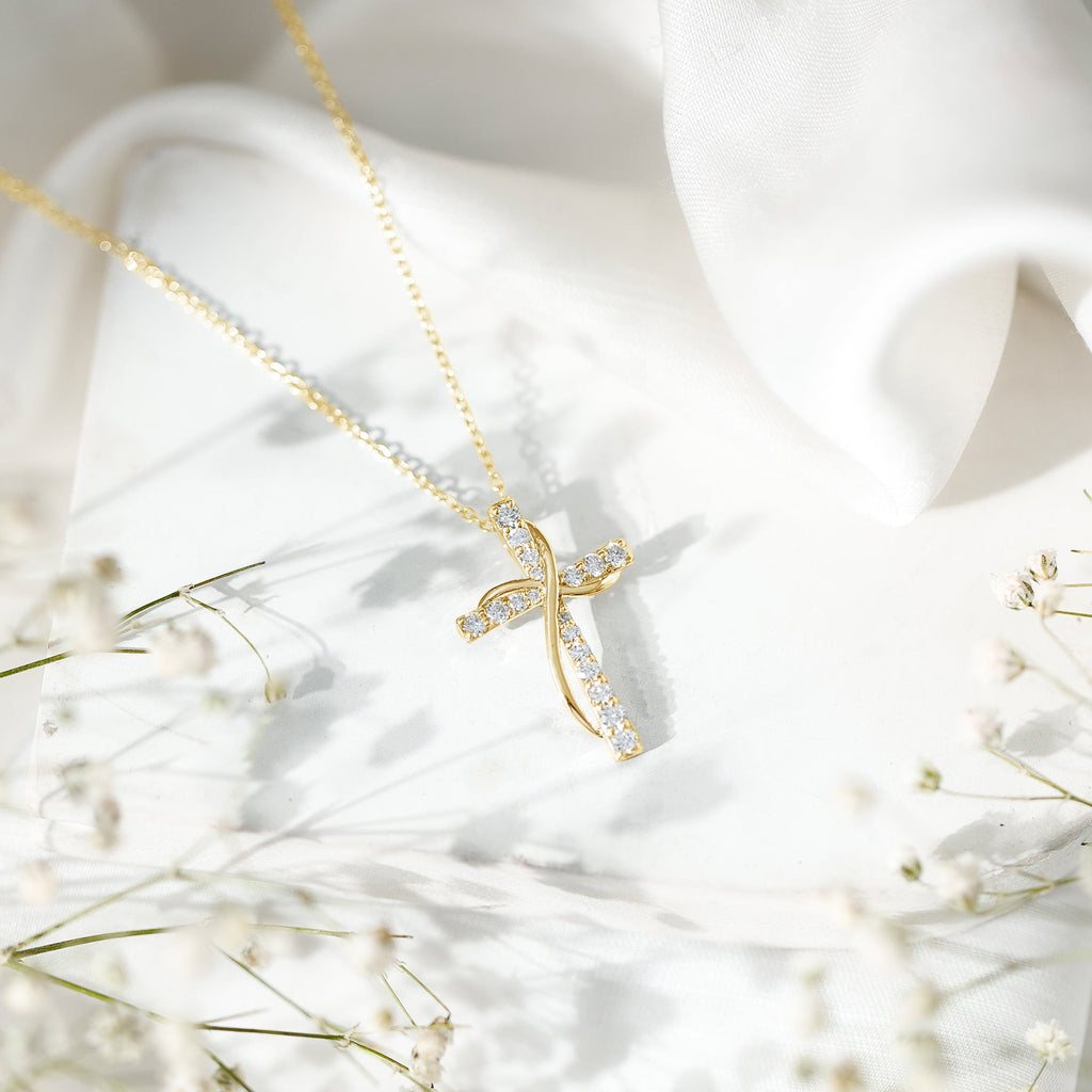 Pave Set Lab Grown Diamond Double Cross Necklace