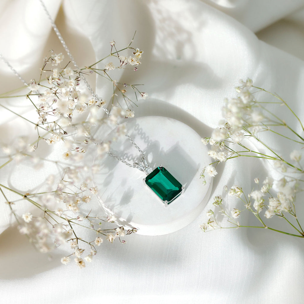 Certified 8 Carat Lab Grown Emerald Solitaire Necklace with Silver Chain