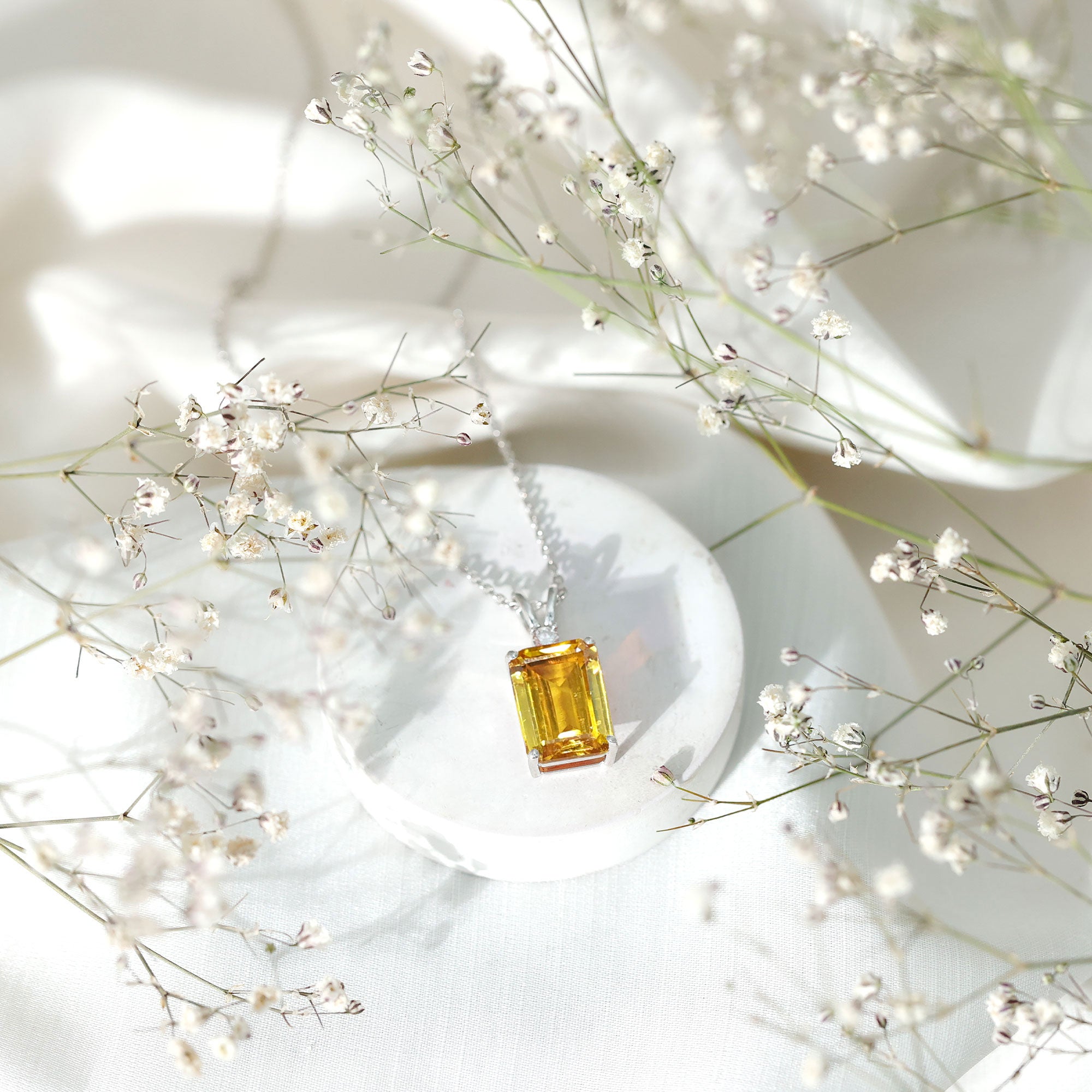 9 Carat Lab Grown Yellow Sapphire Emerald Cut Necklace With Silver Chain