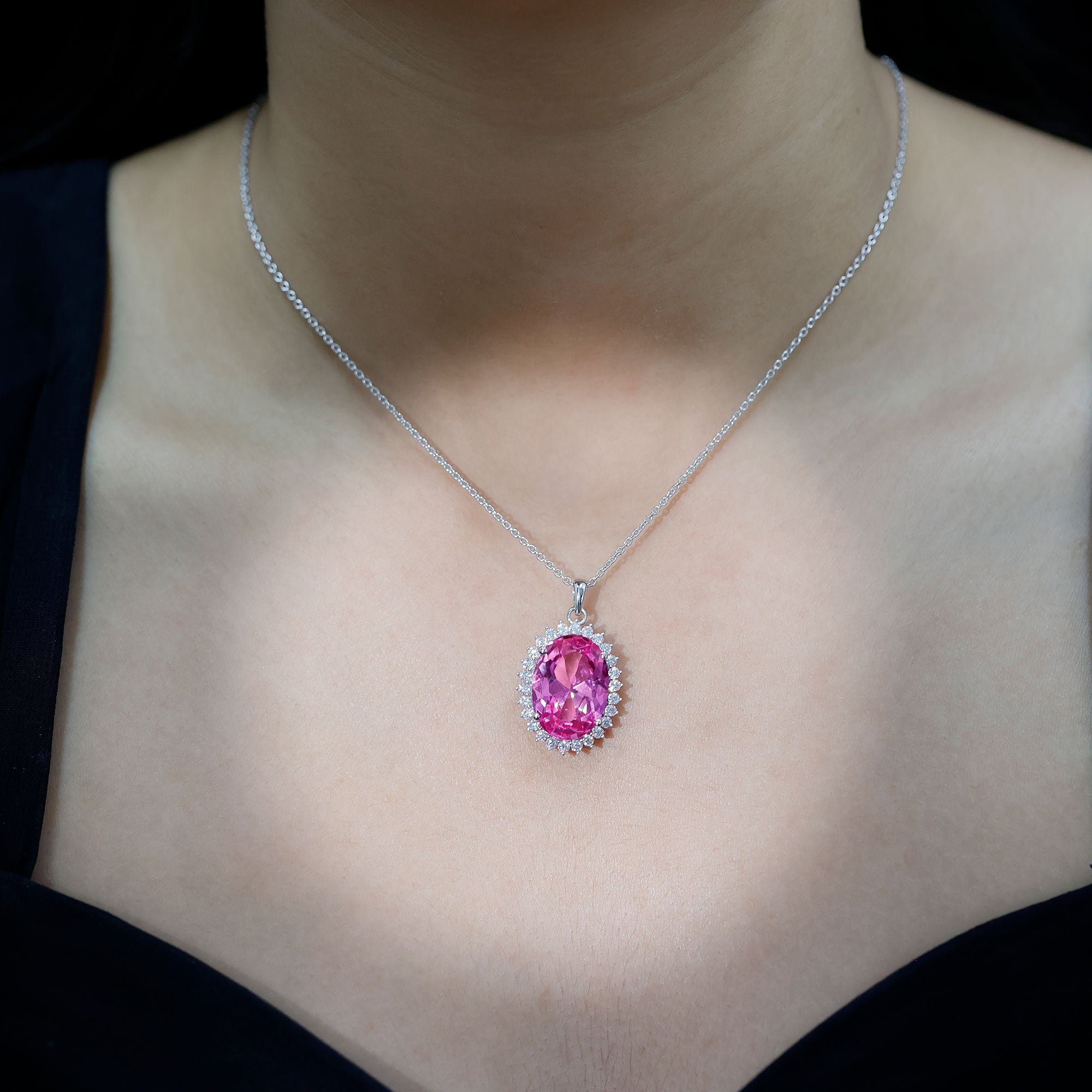 Certified 14 Carat Lab Pink Sapphire Elegant Bridal Necklace With Silver Chain