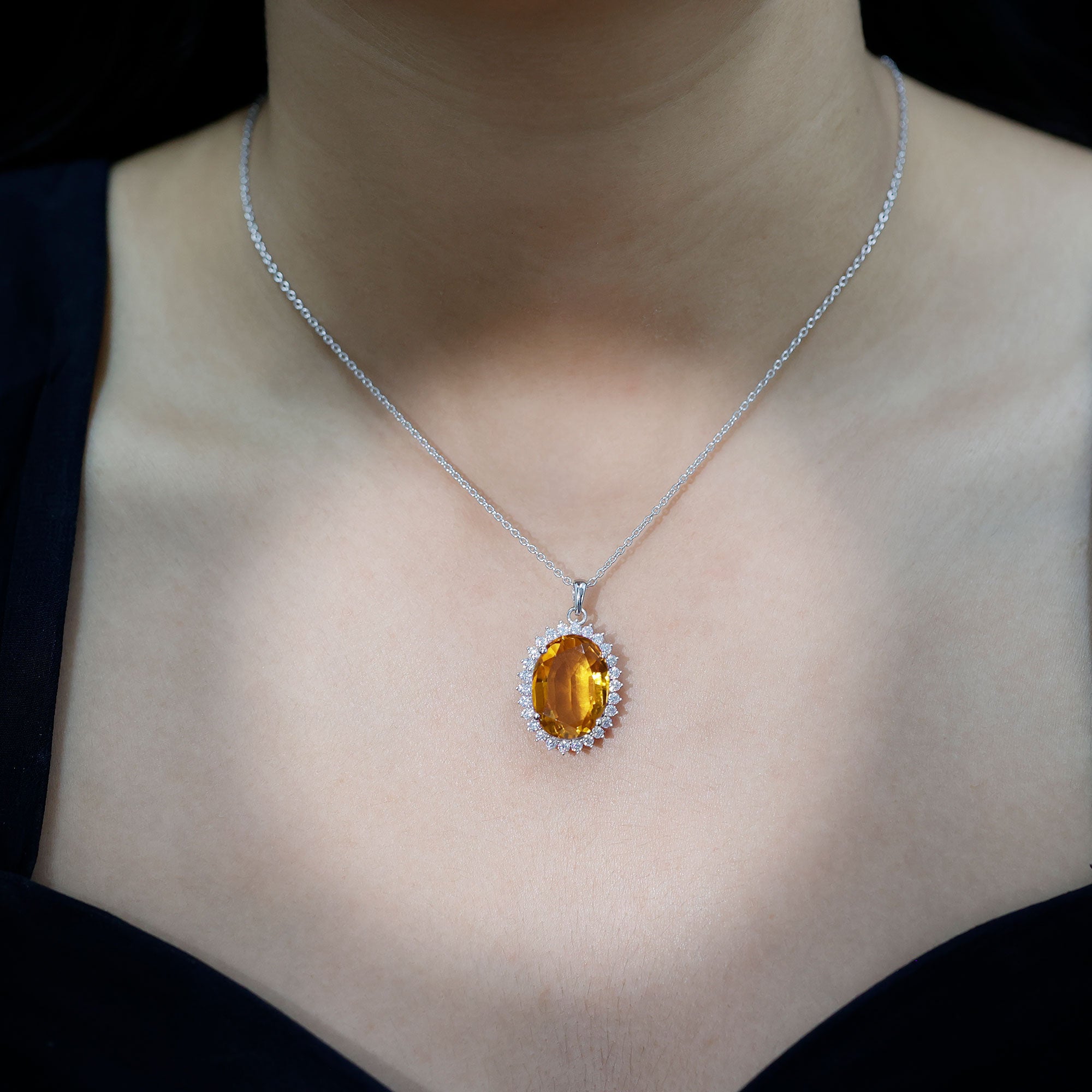 Certified 14 Carat Lab Grown Yellow Sapphire Cocktail Necklace With Silver Chain