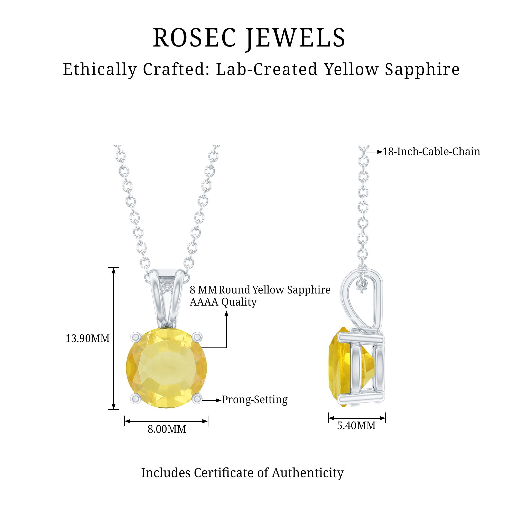 2 Carat Lab Grown Yellow Sapphire Solitaire Necklace with Silver Chain