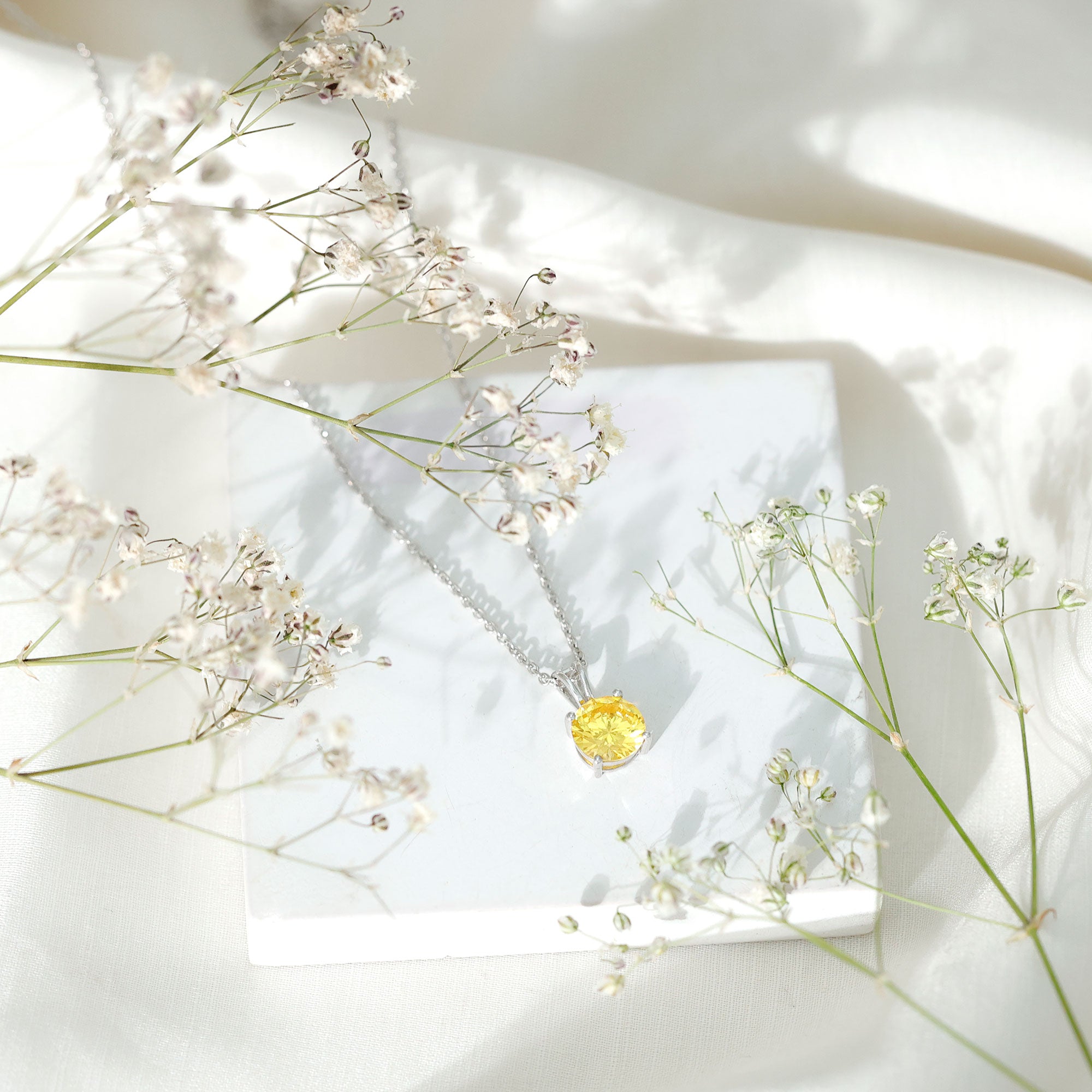 2 Carat Lab Grown Yellow Sapphire Solitaire Necklace with Silver Chain