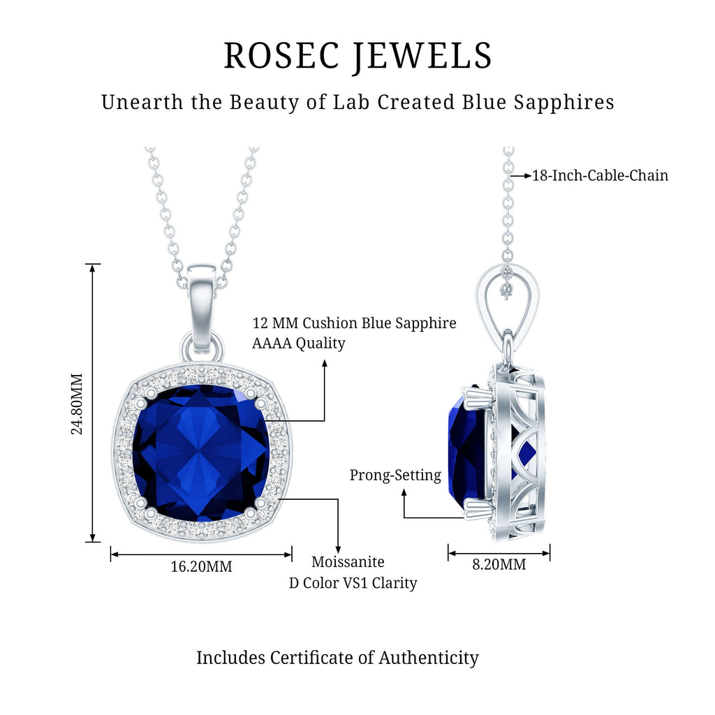 Certified 12 MM Cushion Lab Grown Blue Sapphire Halo Necklace