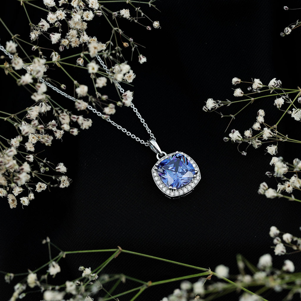 9 Carat Cushion Cut Lab Created Blue Sapphire Cocktail Necklace
