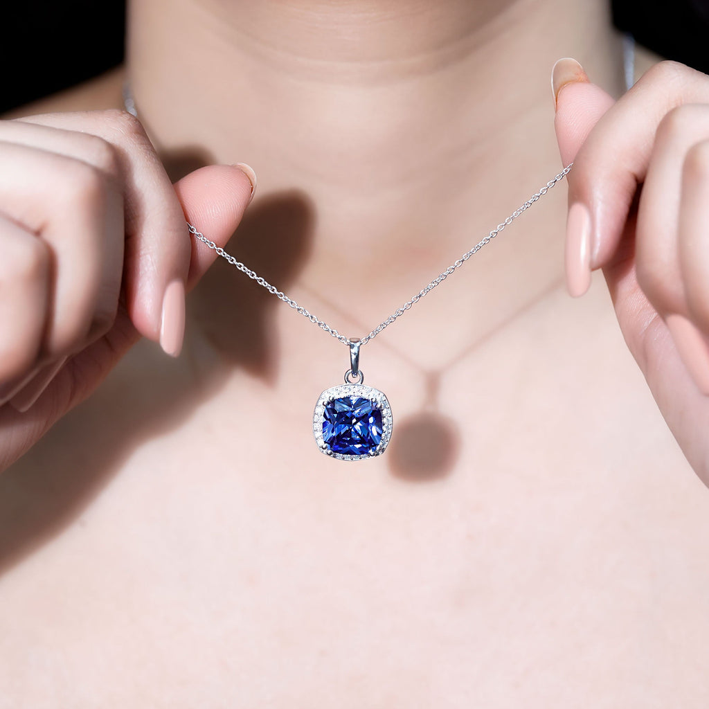 Certified 12 MM Cushion Lab Grown Blue Sapphire Halo Necklace