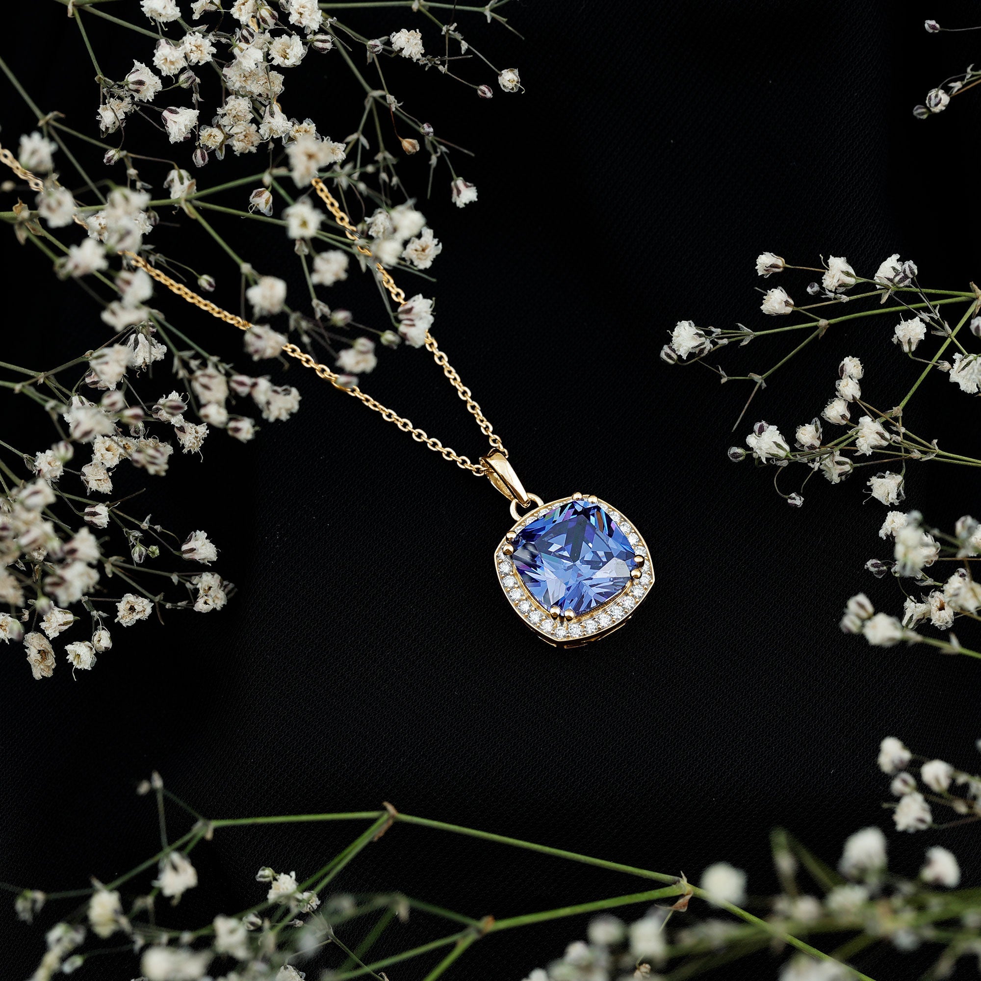 Certified 12 MM Cushion Lab Grown Blue Sapphire Halo Necklace