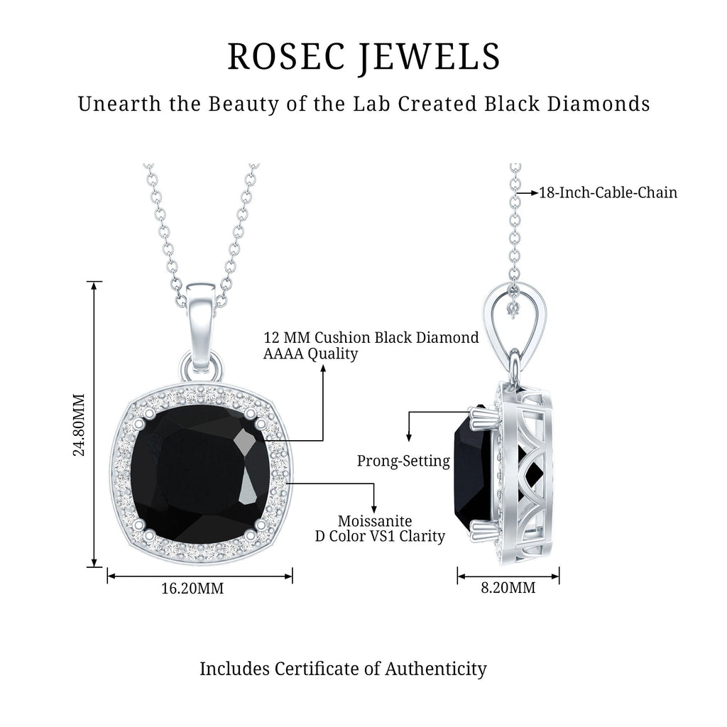 6 Carat Cushion Cut Lab Grown Black Diamond Halo Necklace with Silver Chain