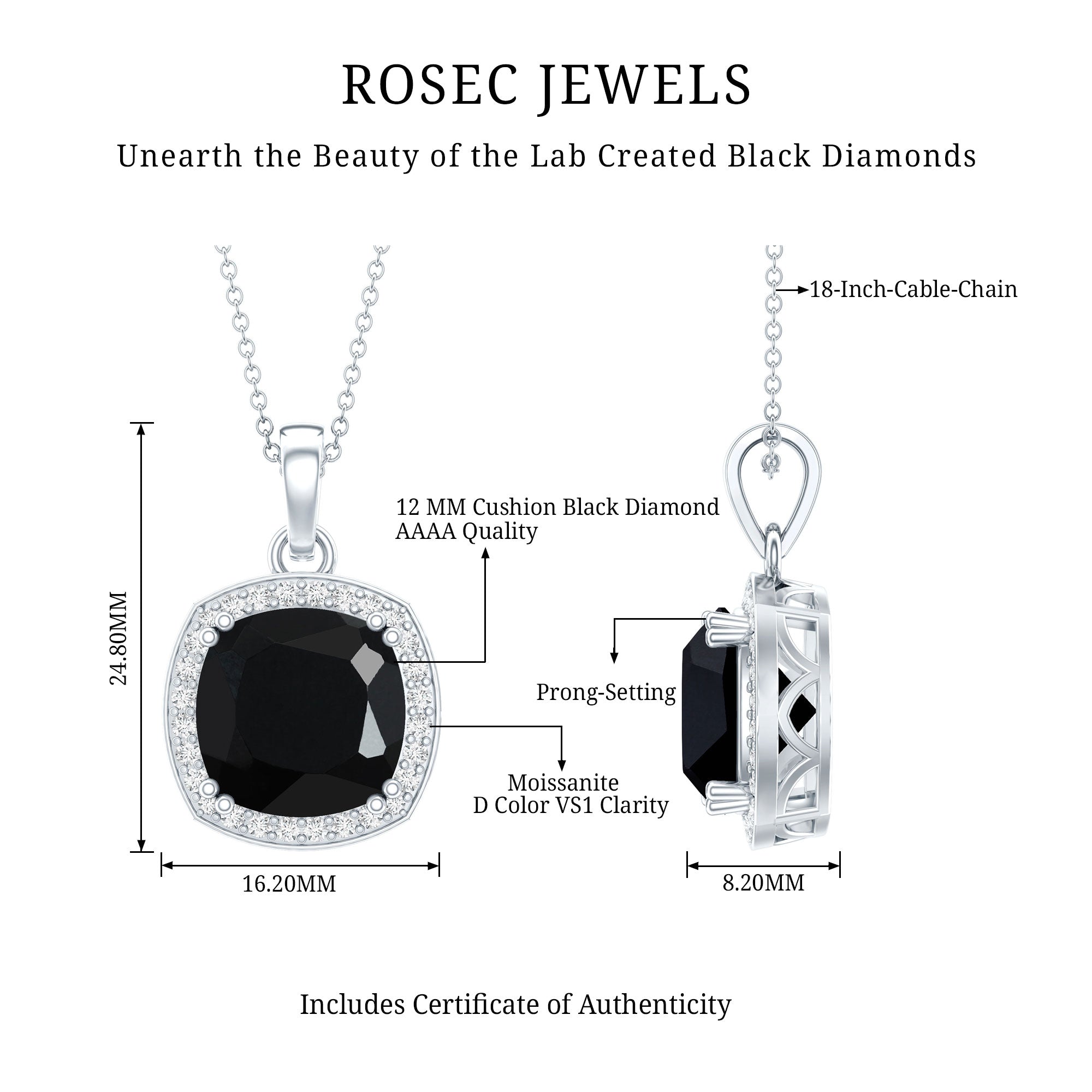 6 Carat Cushion Cut Lab Grown Black Diamond Halo Necklace with Silver Chain