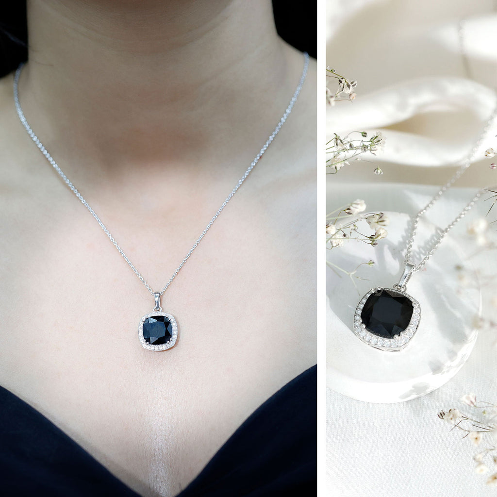 6 Carat Cushion Cut Lab Grown Black Diamond Halo Necklace with Silver Chain
