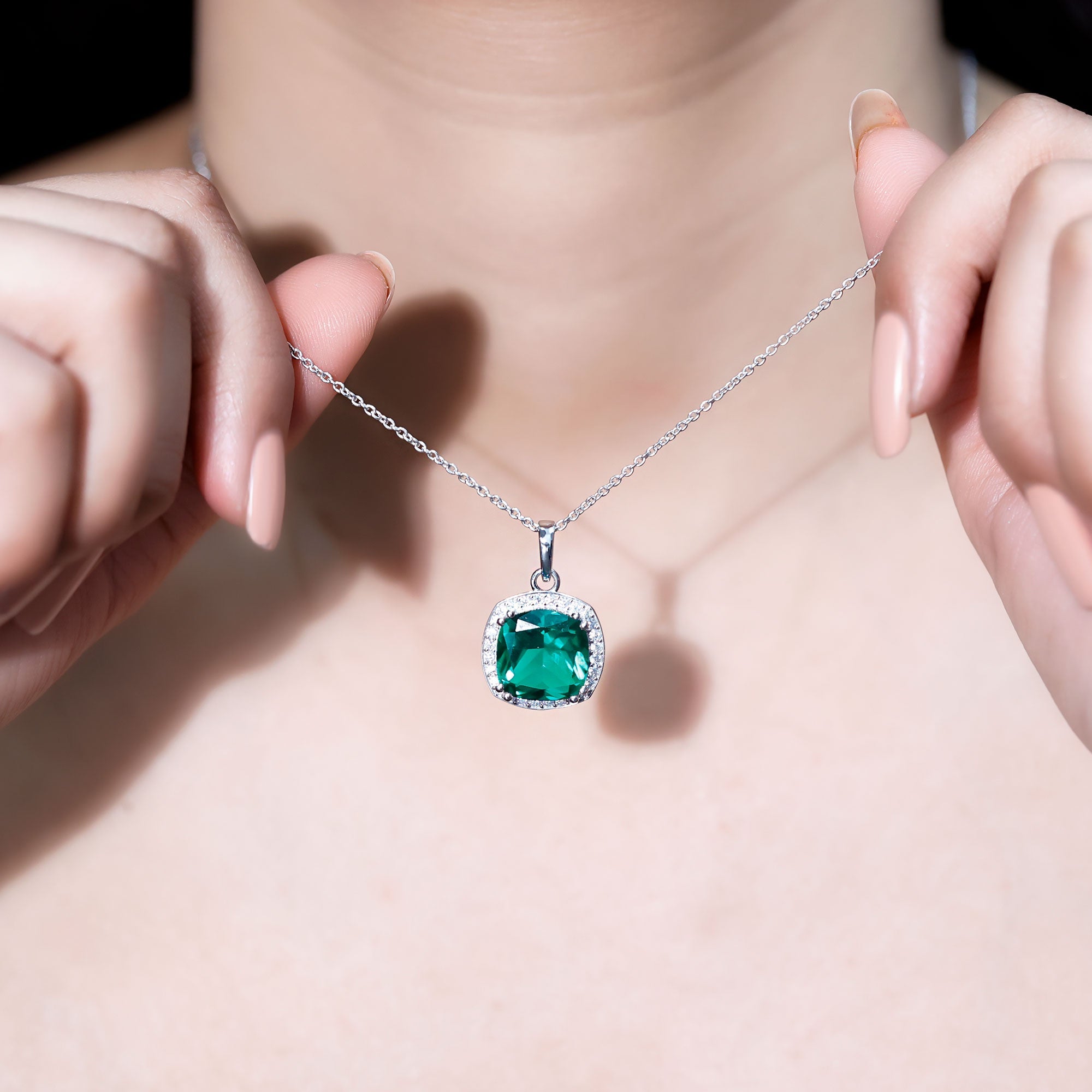 9 Carat Lab Grown Emerald Statement Necklace with Moissanite Halo