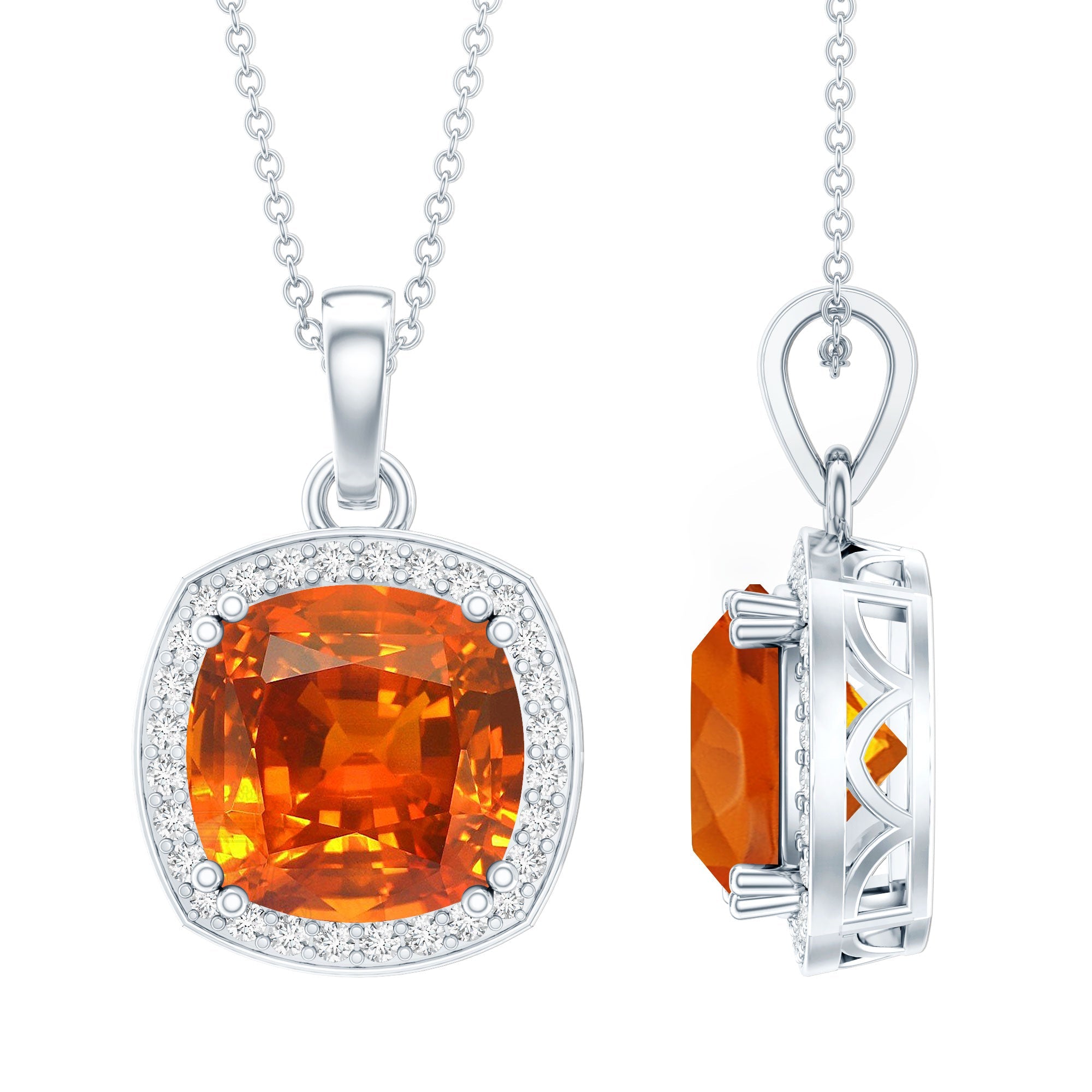 Certified 9 Carat Lab Grown Orange Sapphire Bridal Necklace With Silver Chain