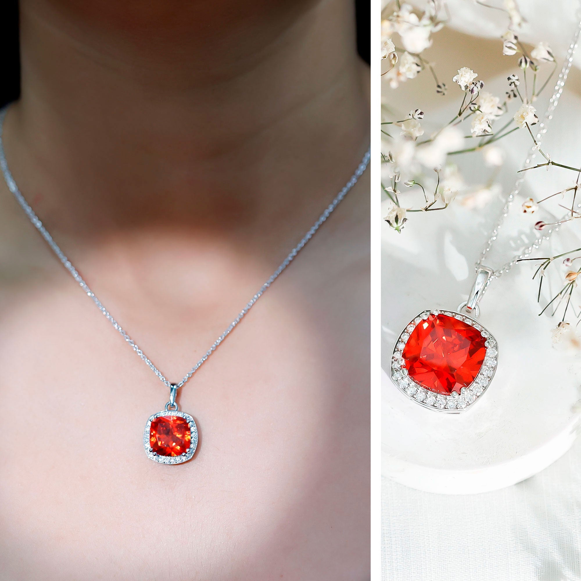 Certified 9 Carat Lab Grown Orange Sapphire Bridal Necklace With Silver Chain