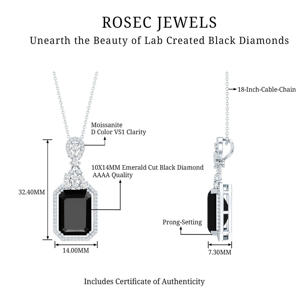 Vintage Style 9 Carat Lab Grown Black Diamond Emerald Cut Necklace With Moissanite Halo