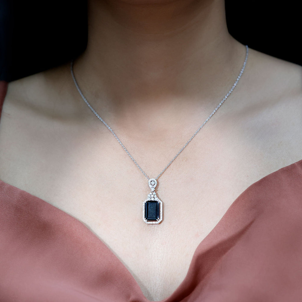 Vintage Style 9 Carat Lab Grown Black Diamond Emerald Cut Necklace With Moissanite Halo