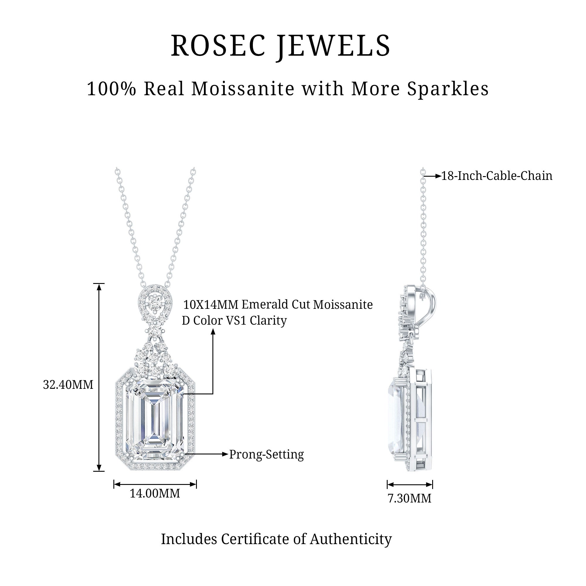 4.5 Carat Emerald Cut Moissanite Wedding Necklace with Silver Chain